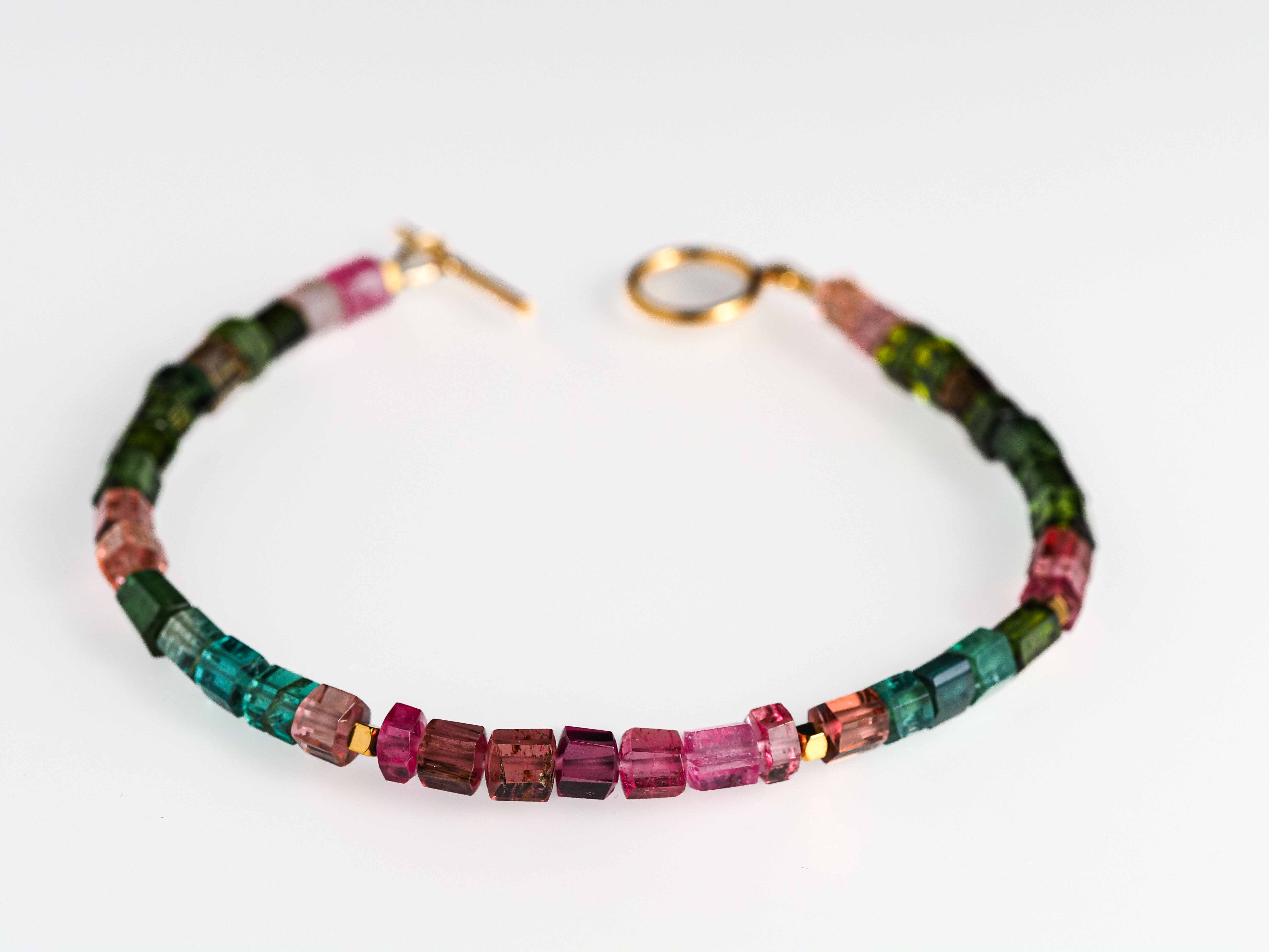 Colorful tourmaline bracelet - colorful gemstones with gold-filled toggle clasp