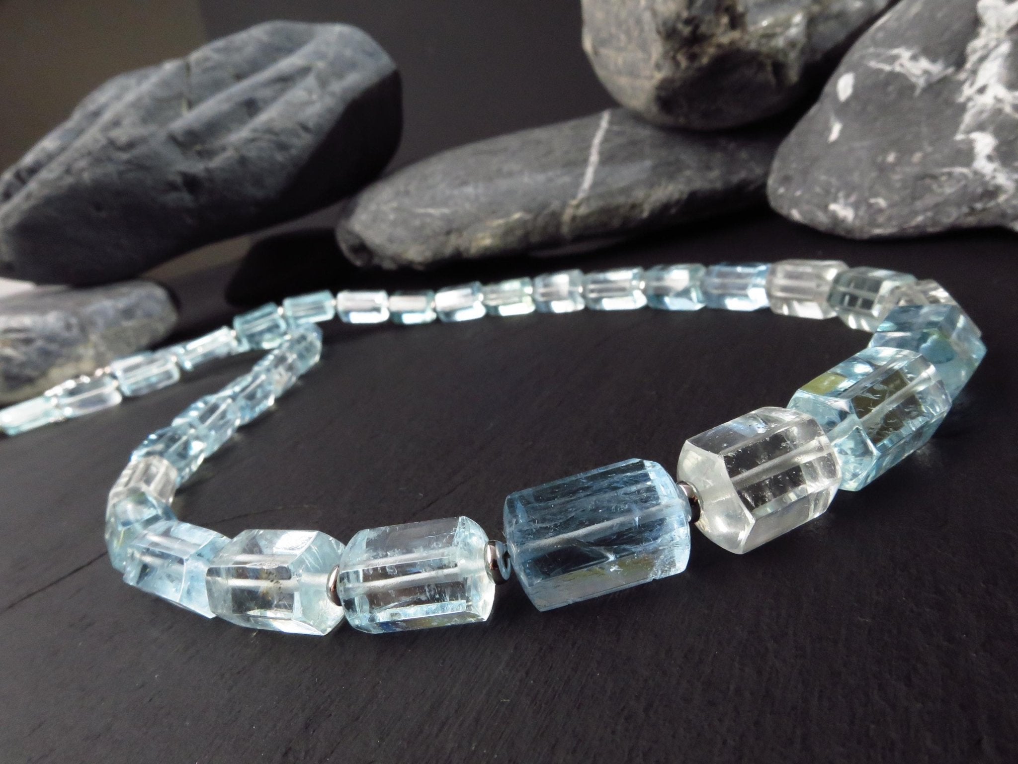 Aquamarin Kette Silber Naturkristalle 53cm blau