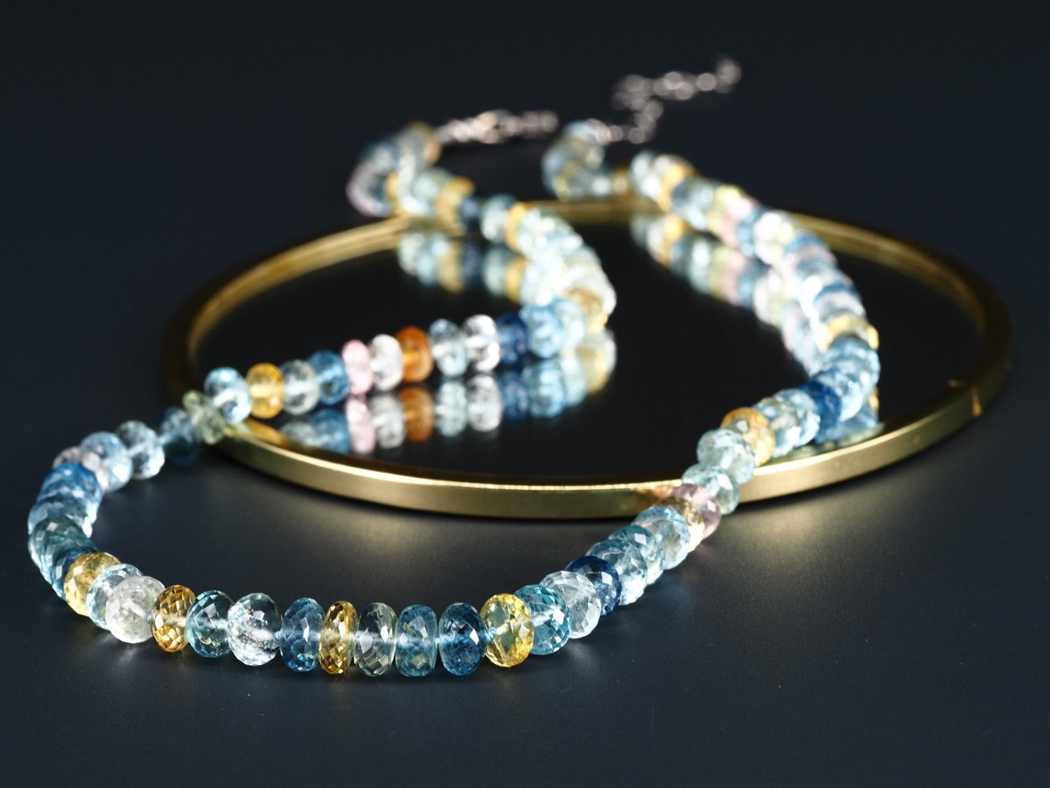 Beryll Collier – Morganit, Heliodor & Aquamarin facettiert, handgeknüpftes Edelstein Collier