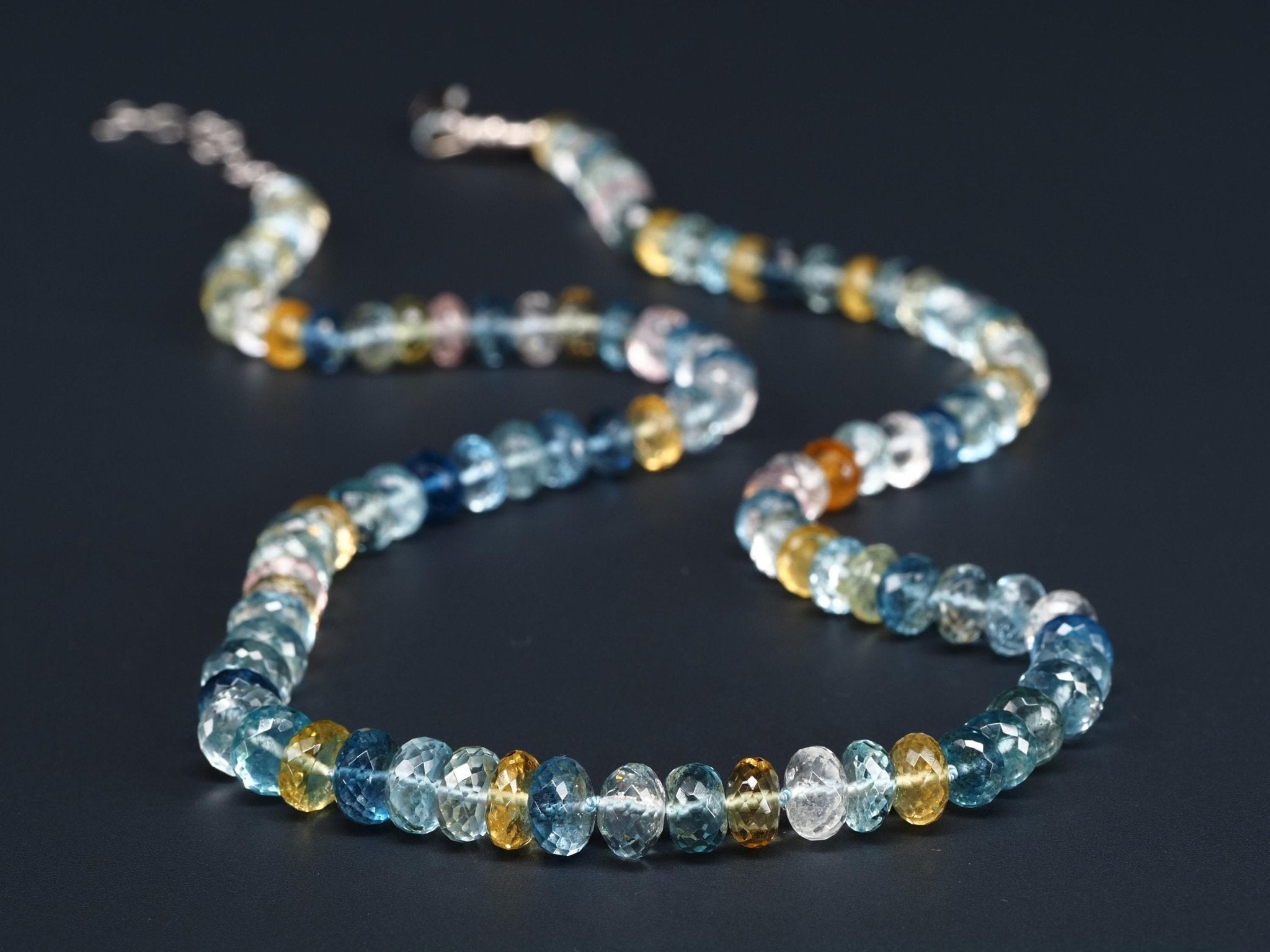 Beryll Collier – Morganit, Heliodor & Aquamarin facettiert, handgeknüpftes Edelstein Collier