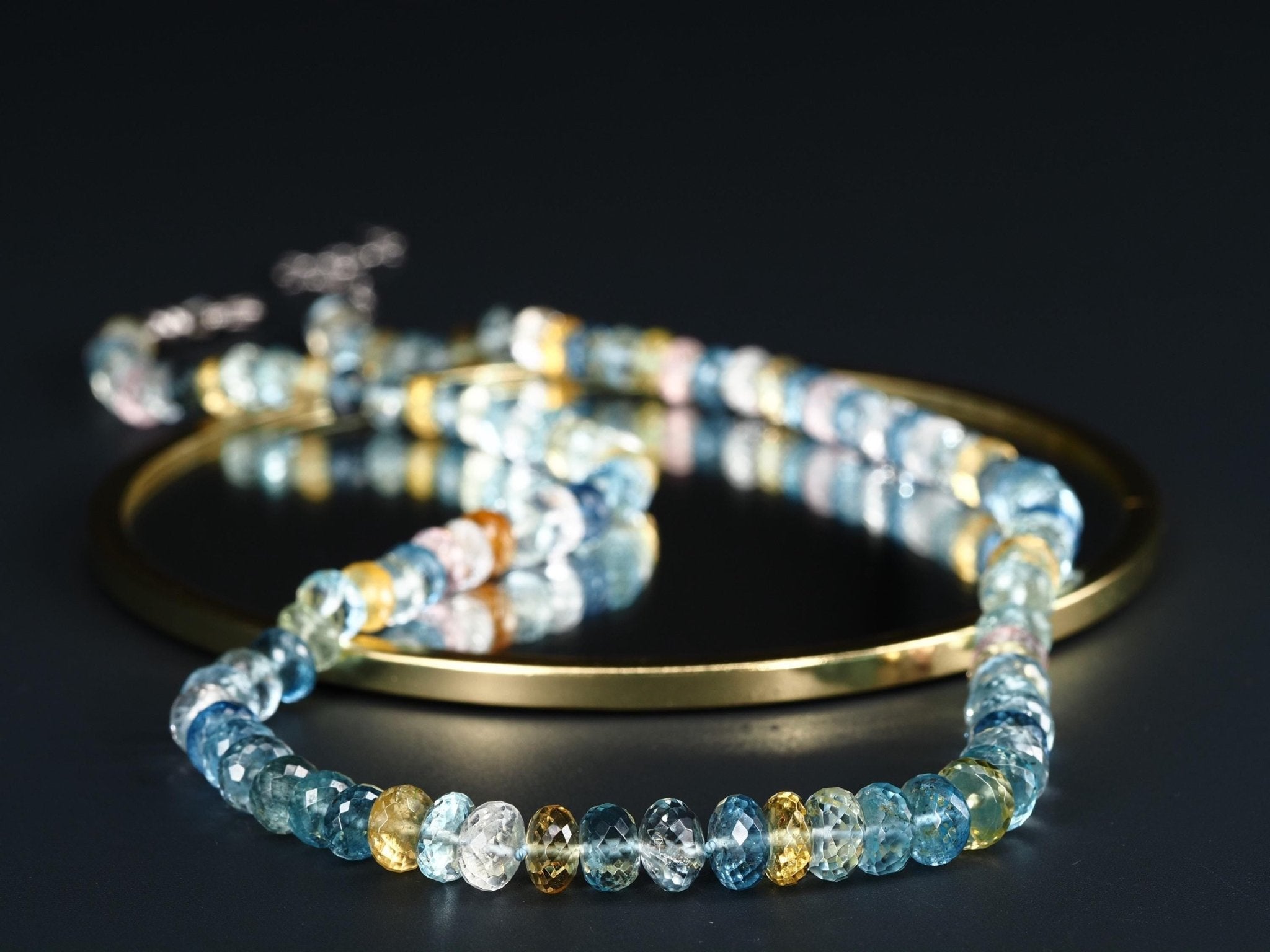 Beryll Collier – Morganit, Heliodor & Aquamarin facettiert, handgeknüpftes Edelstein Collier