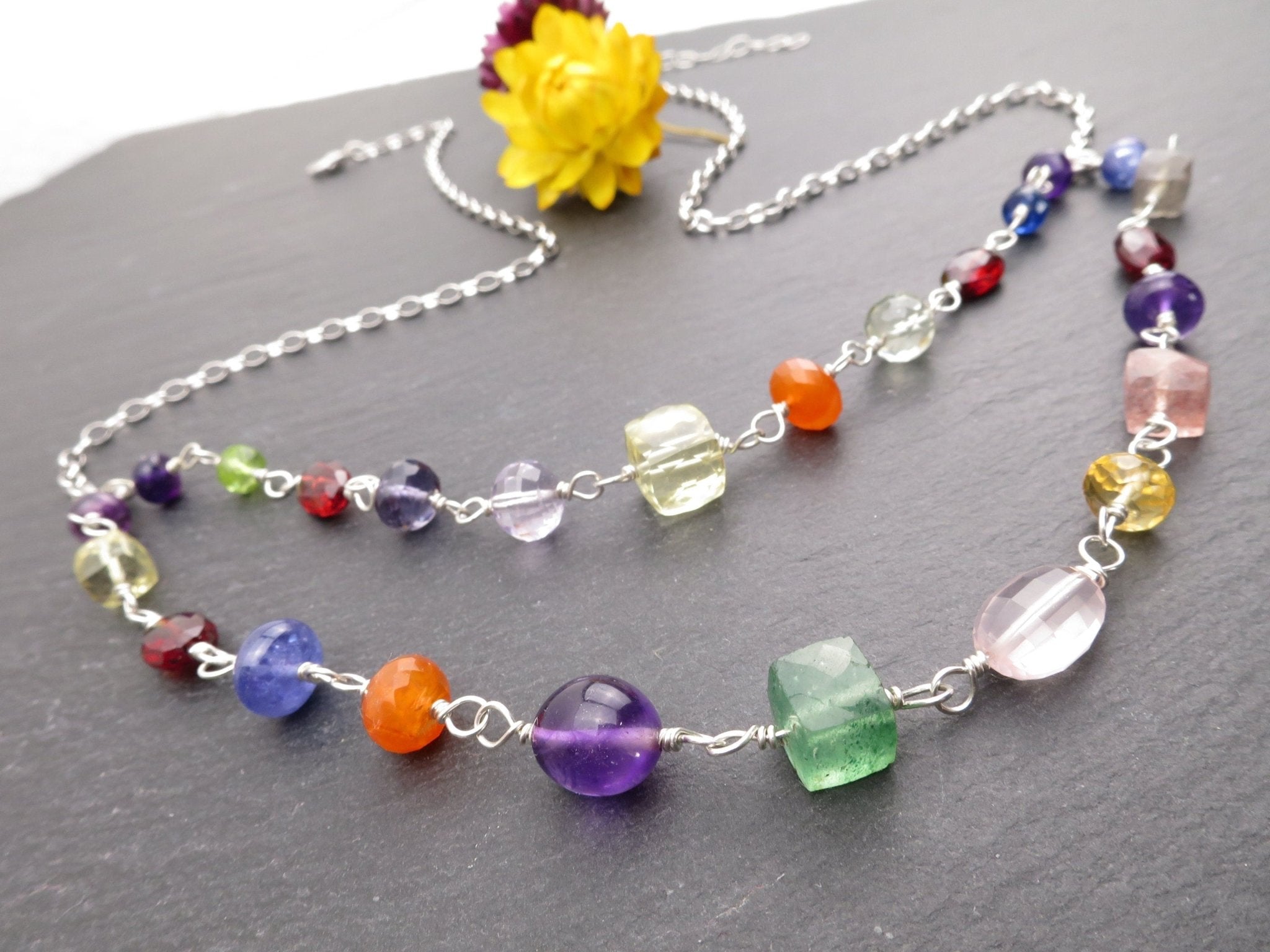 Bunte Rosenkranz Edelstein Kette Argentium Silber