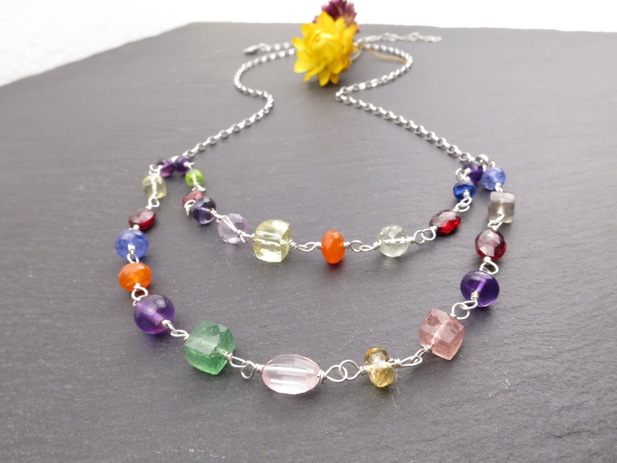 Bunte Rosenkranz Edelstein Kette Argentium Silber