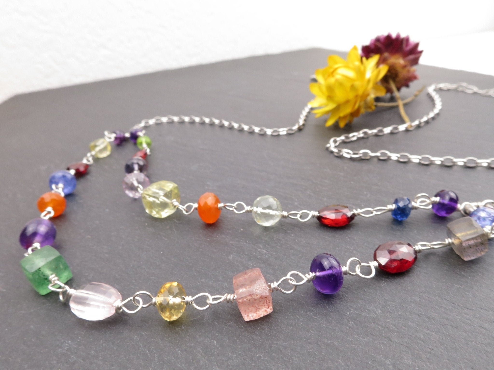 Bunte Rosenkranz Edelstein Kette Argentium Silber