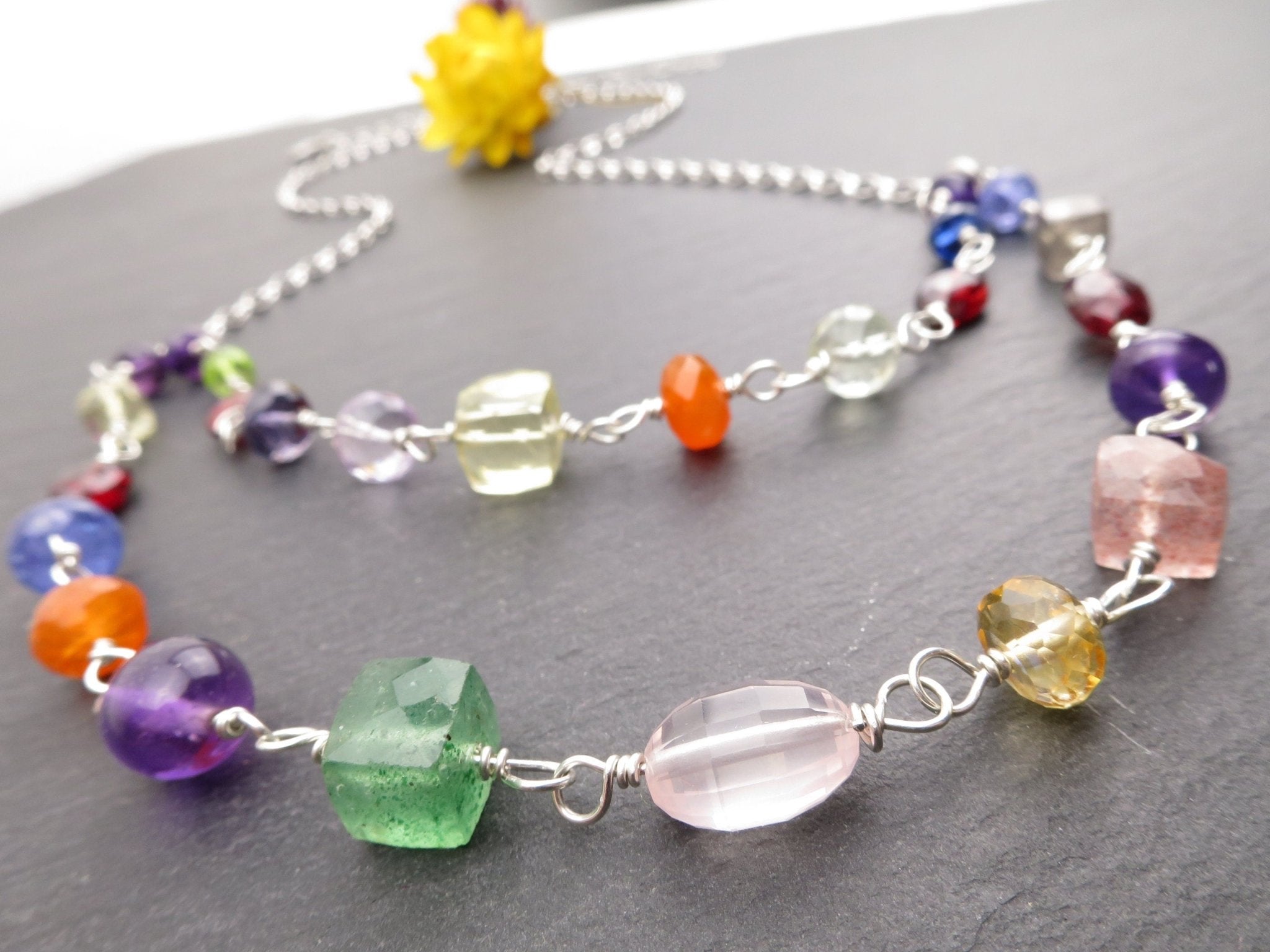 Bunte Rosenkranz Edelstein Kette Argentium Silber