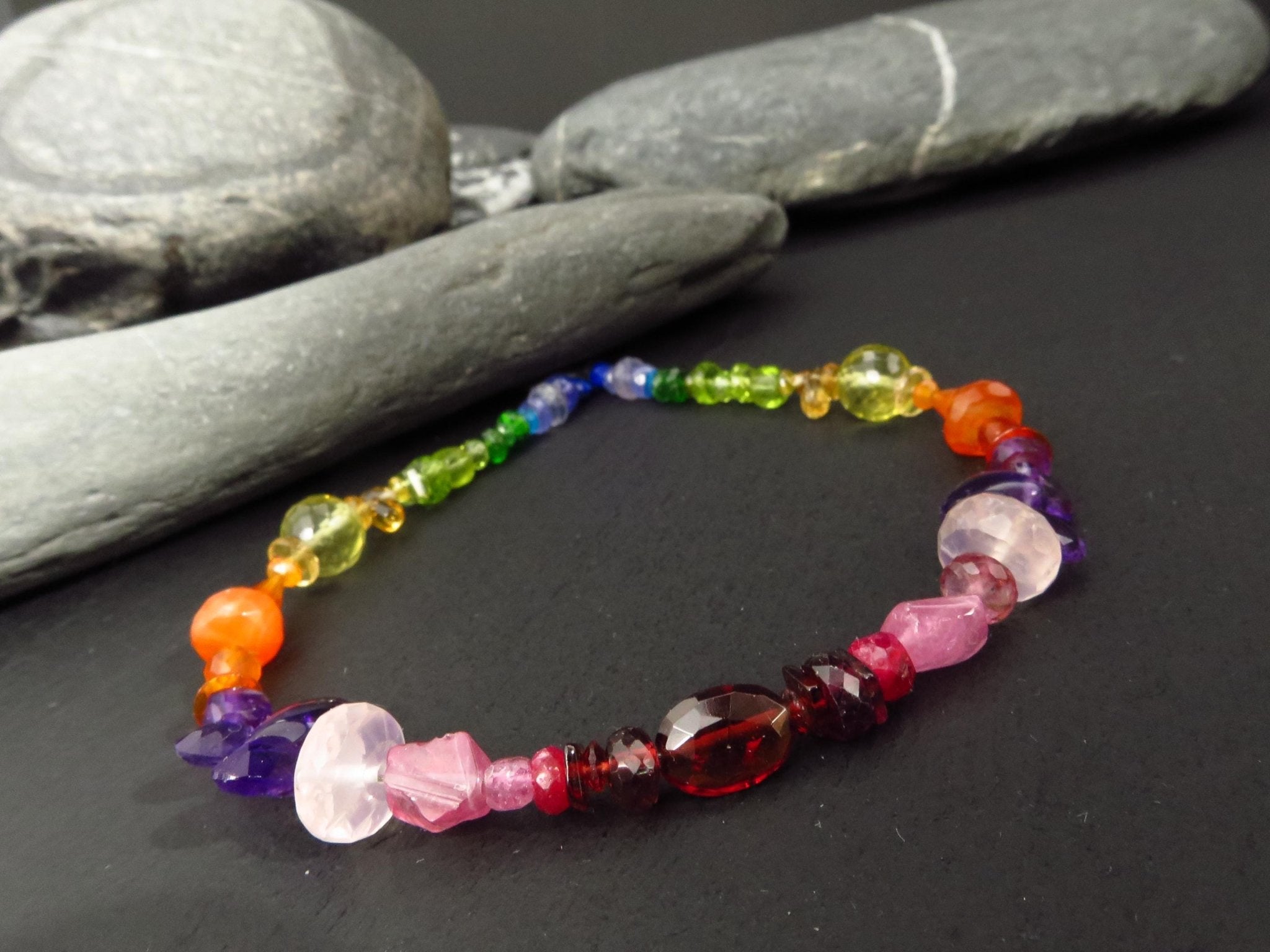 Chakra Regenbogen buntes Edelstein Armband Silber