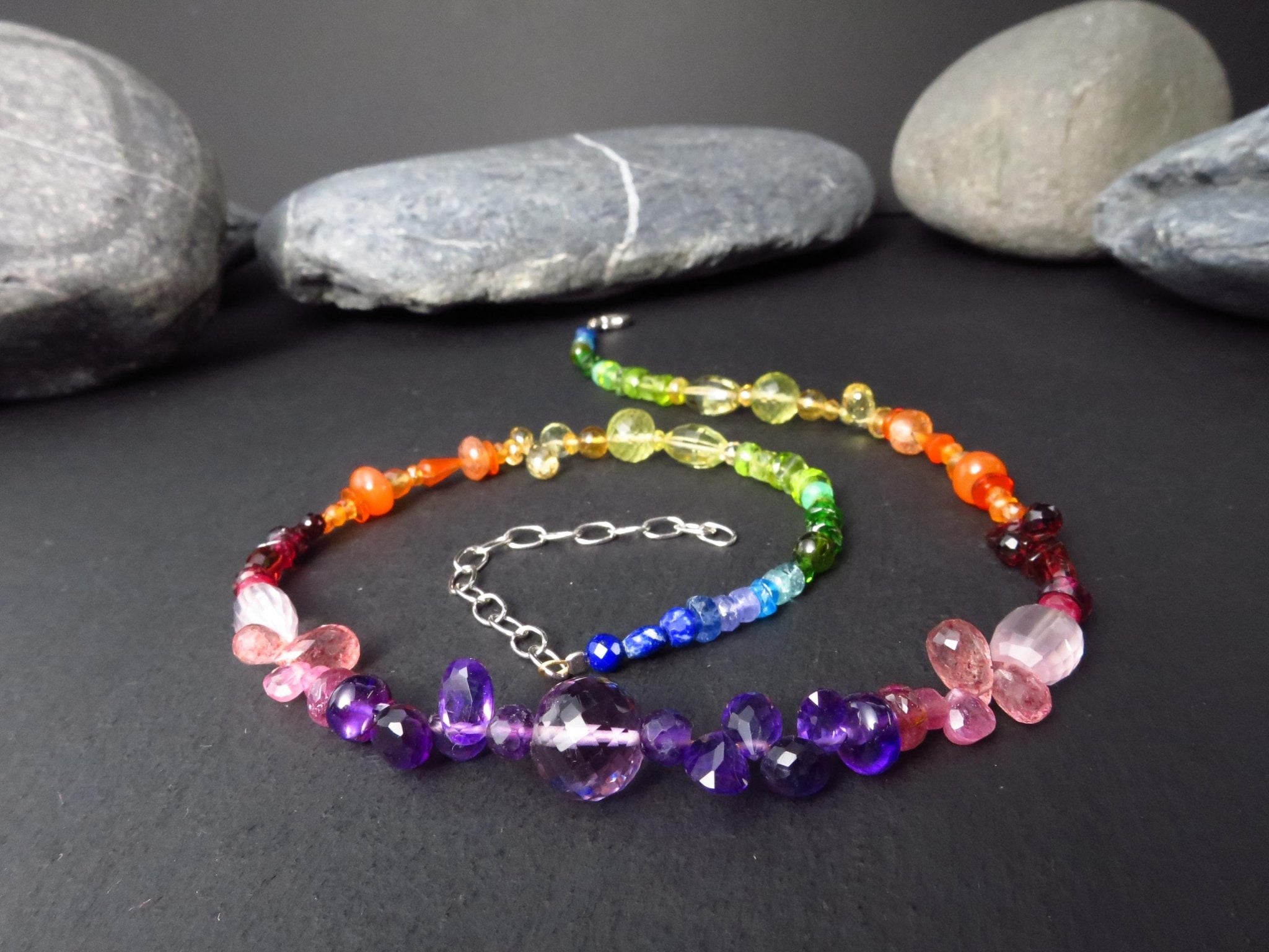 Chakra Spektral bunte Kette Silber 40cm +6cm Amethyst