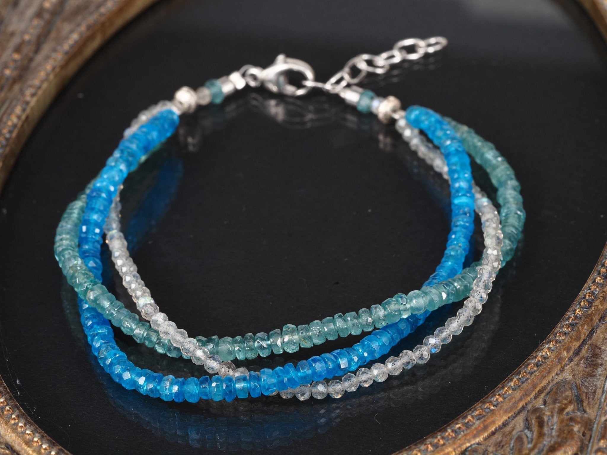 Drei reihiges Edelstein - Armband natürlicher unbehandelter Edelsteine blauer Turmalin Apatit und Labradorit facettiert Sterling Silber Unikat