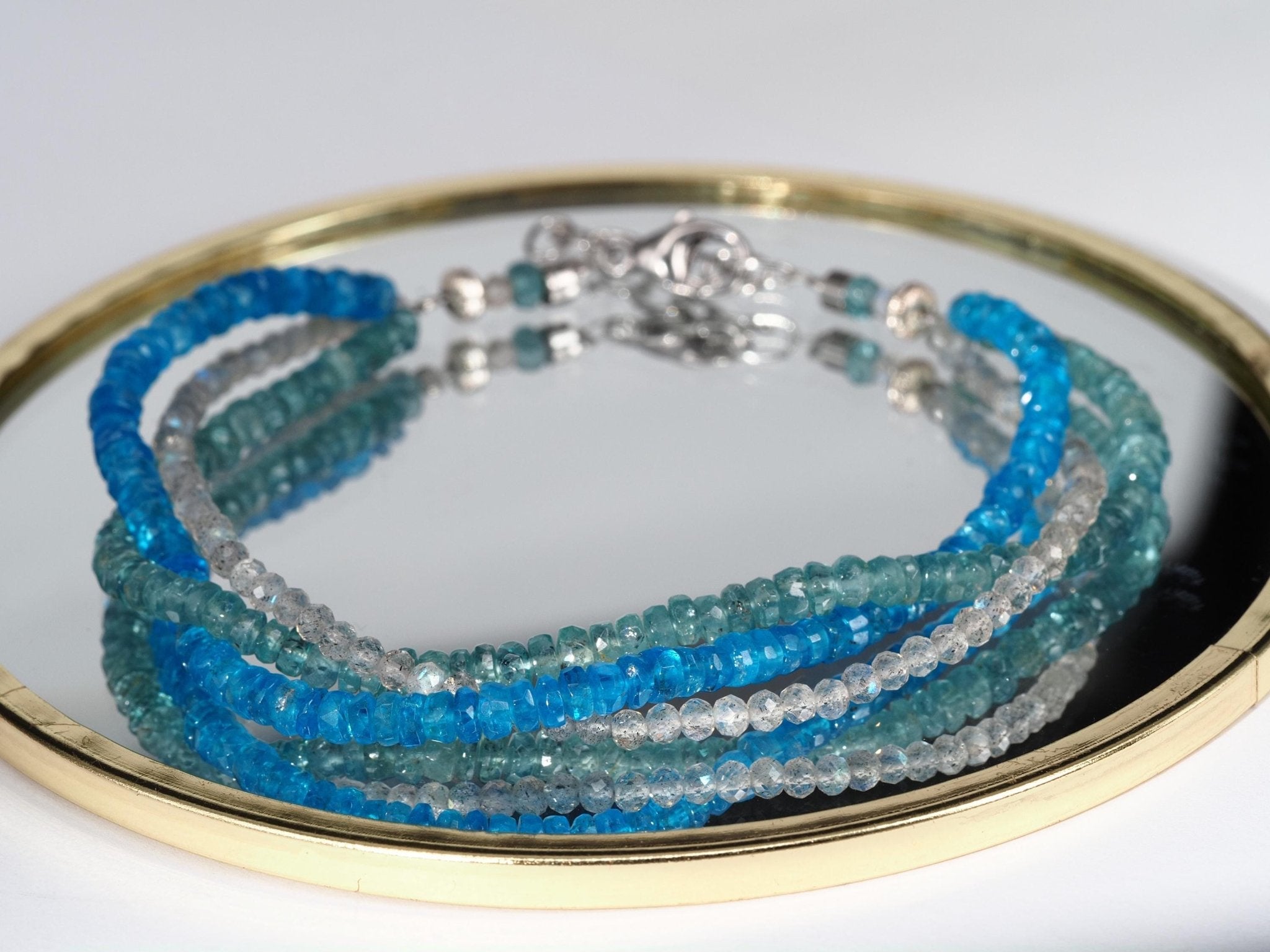 Drei reihiges Edelstein - Armband natürlicher unbehandelter Edelsteine blauer Turmalin Apatit und Labradorit facettiert Sterling Silber Unikat