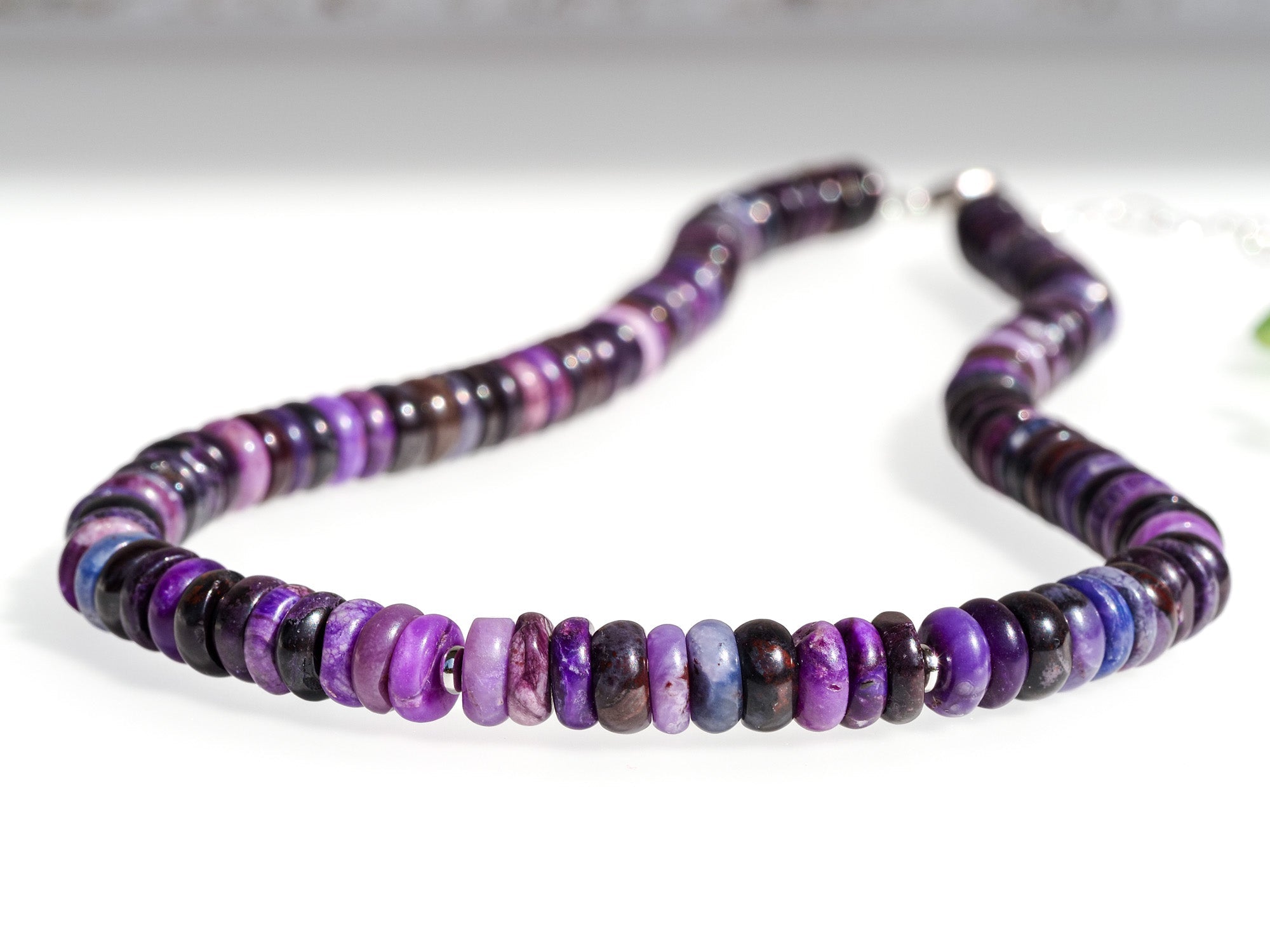 echte Sugilith Kette mit Sterling Silber, 44cm lange lila Edelsteinkette