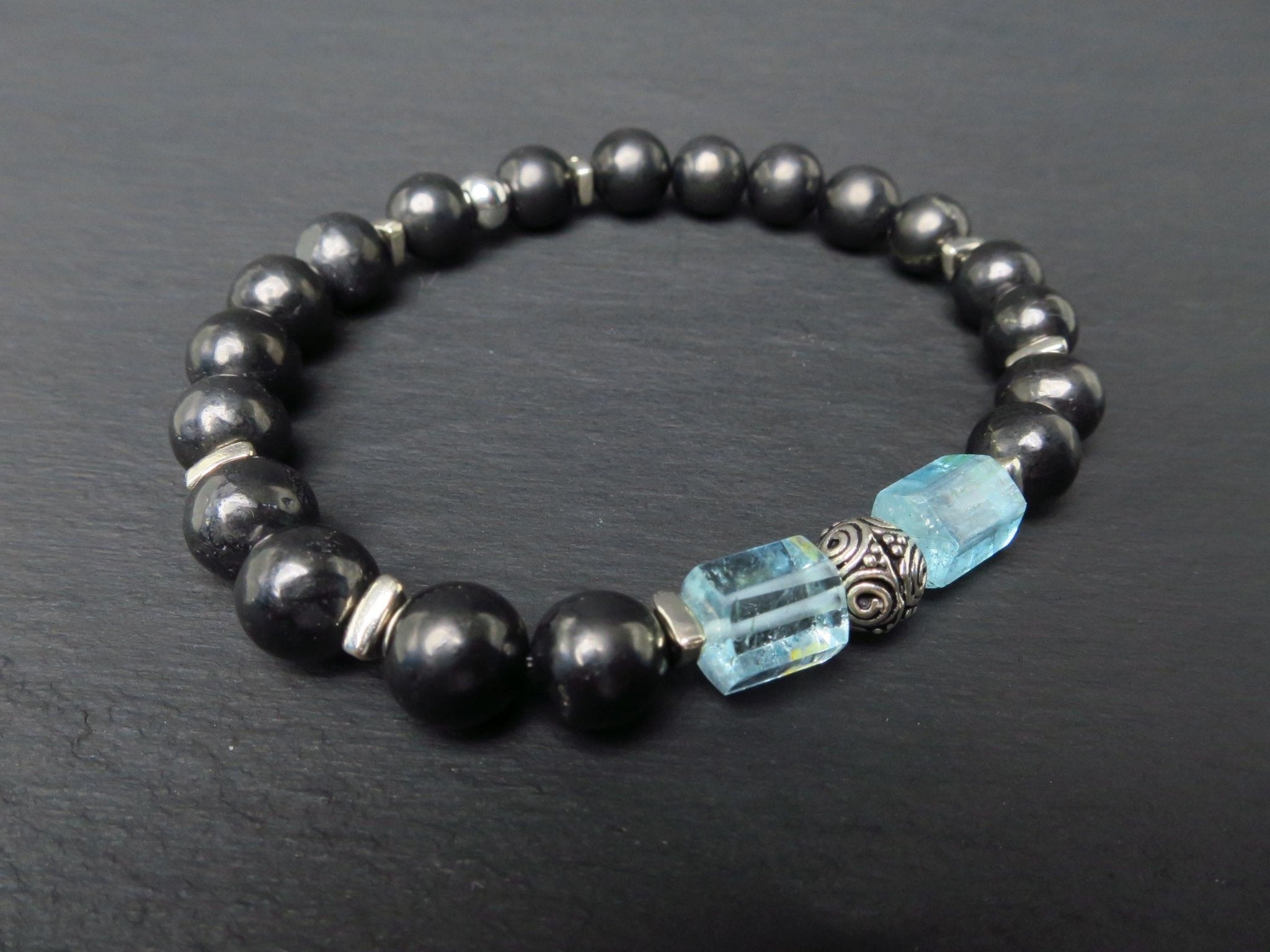 Edelstein Armband Aquamarin und Schungit für Männer