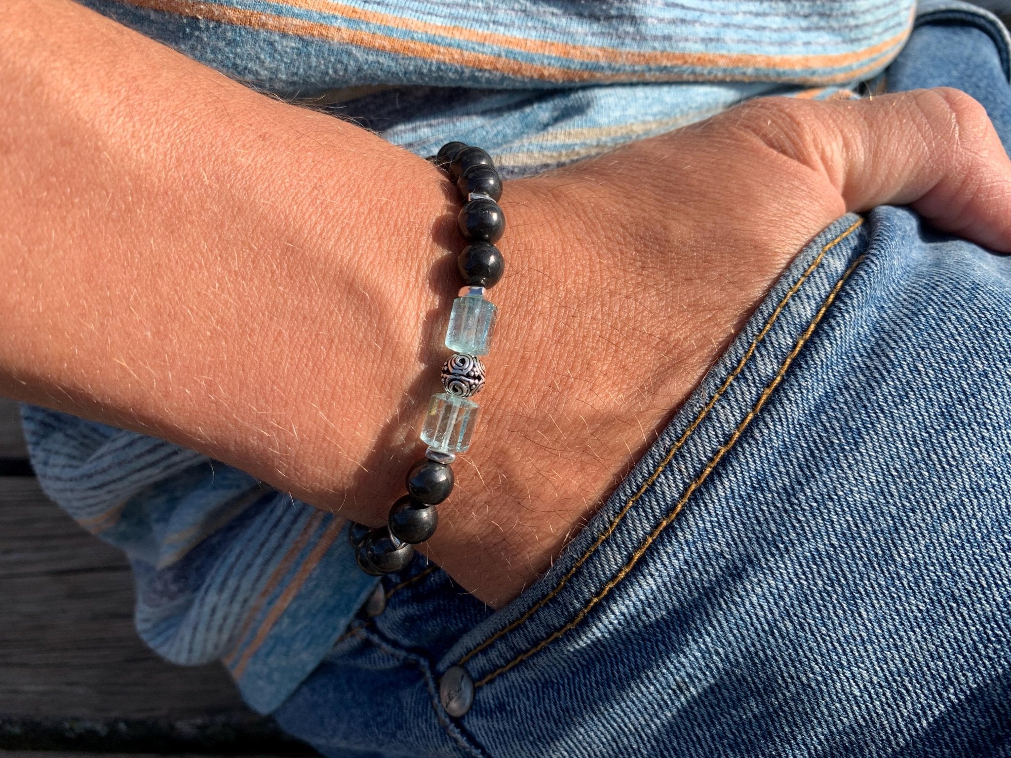 Edelstein Armband Aquamarin und Schungit für Männer