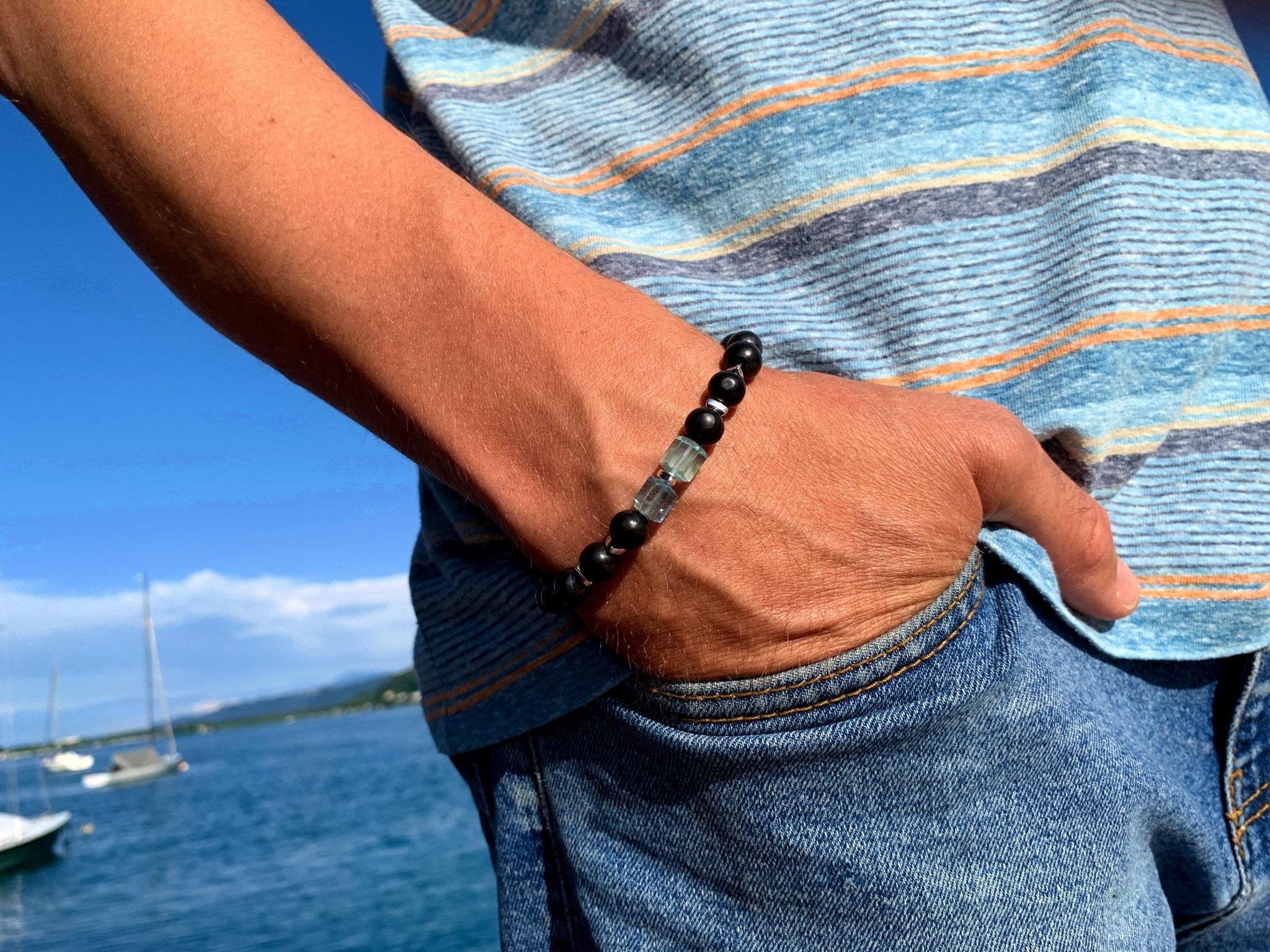 Edelstein Armband für Herren mit Schungit und Aquamarin