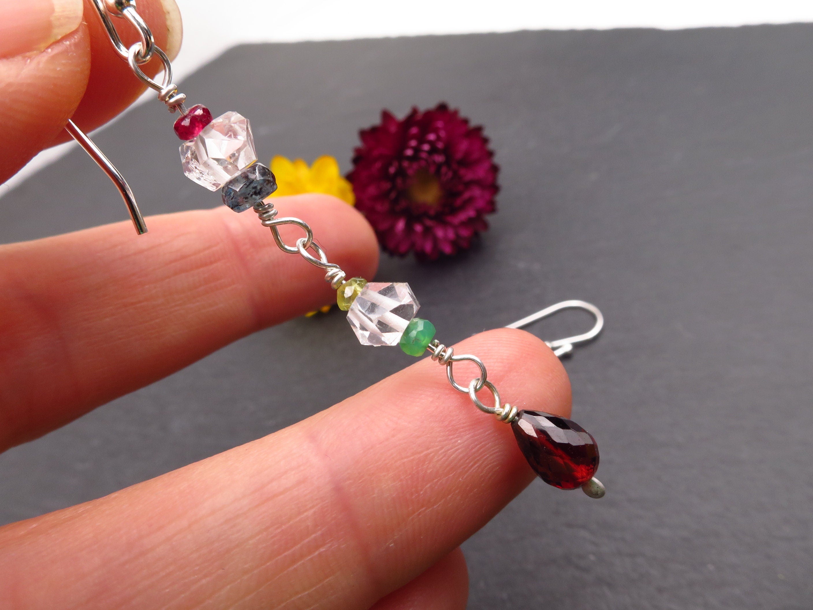 bunte Herkimer Diamanten Bergkristall Ohrringe mit Haken Granat Turmalin