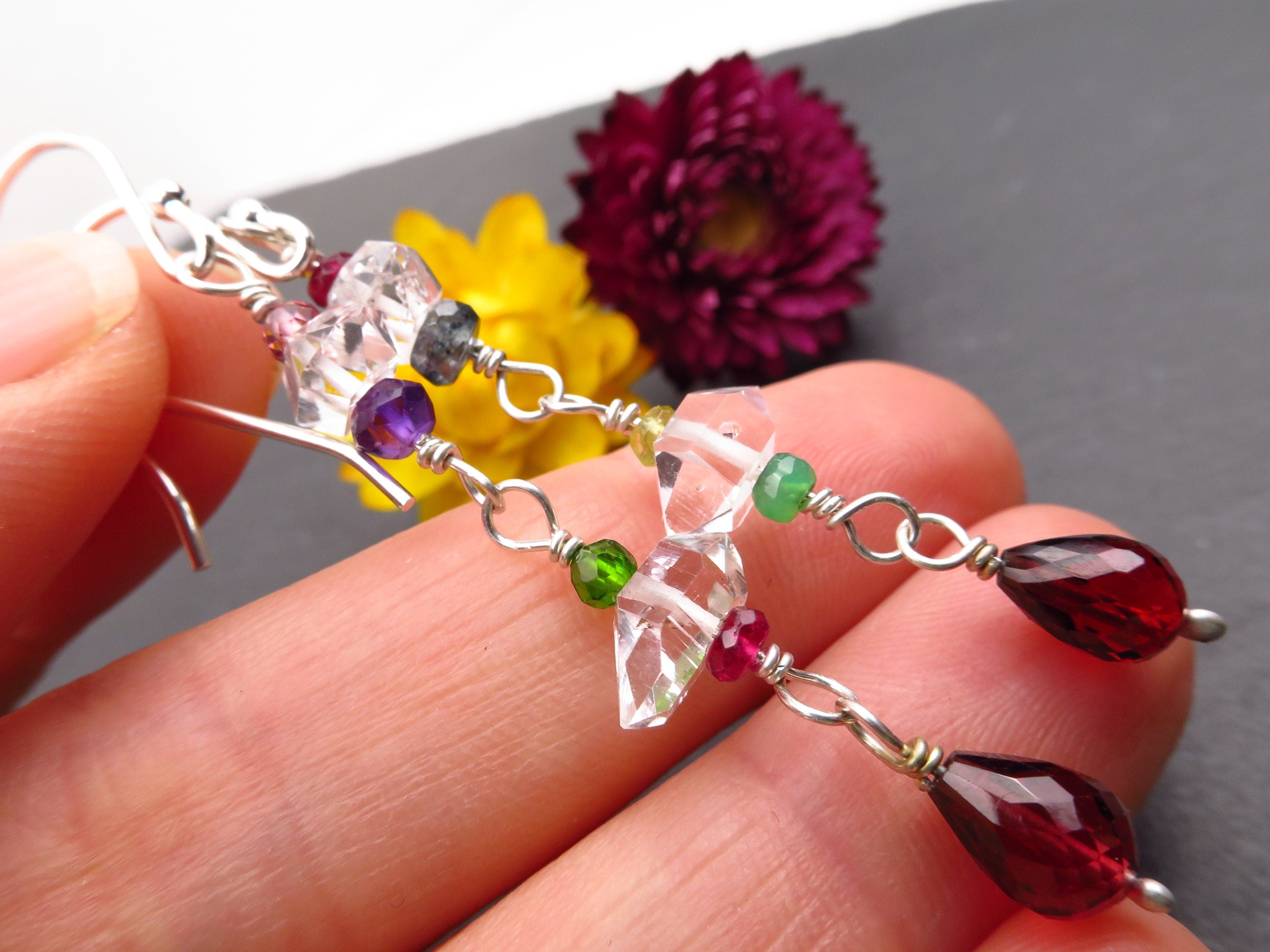 bunte Herkimer Diamanten Bergkristall Ohrringe mit Haken Granat Turmalin