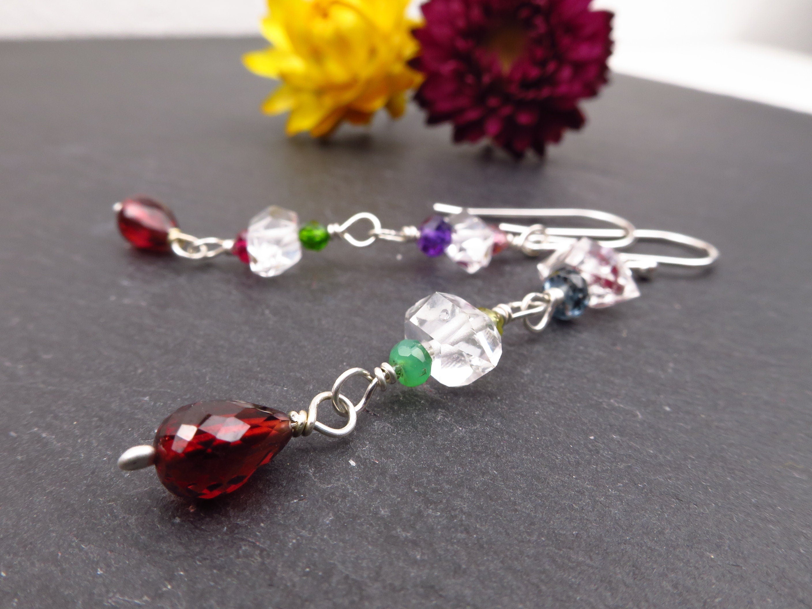 bunte Herkimer Diamanten Bergkristall Ohrringe mit Haken Granat Turmalin