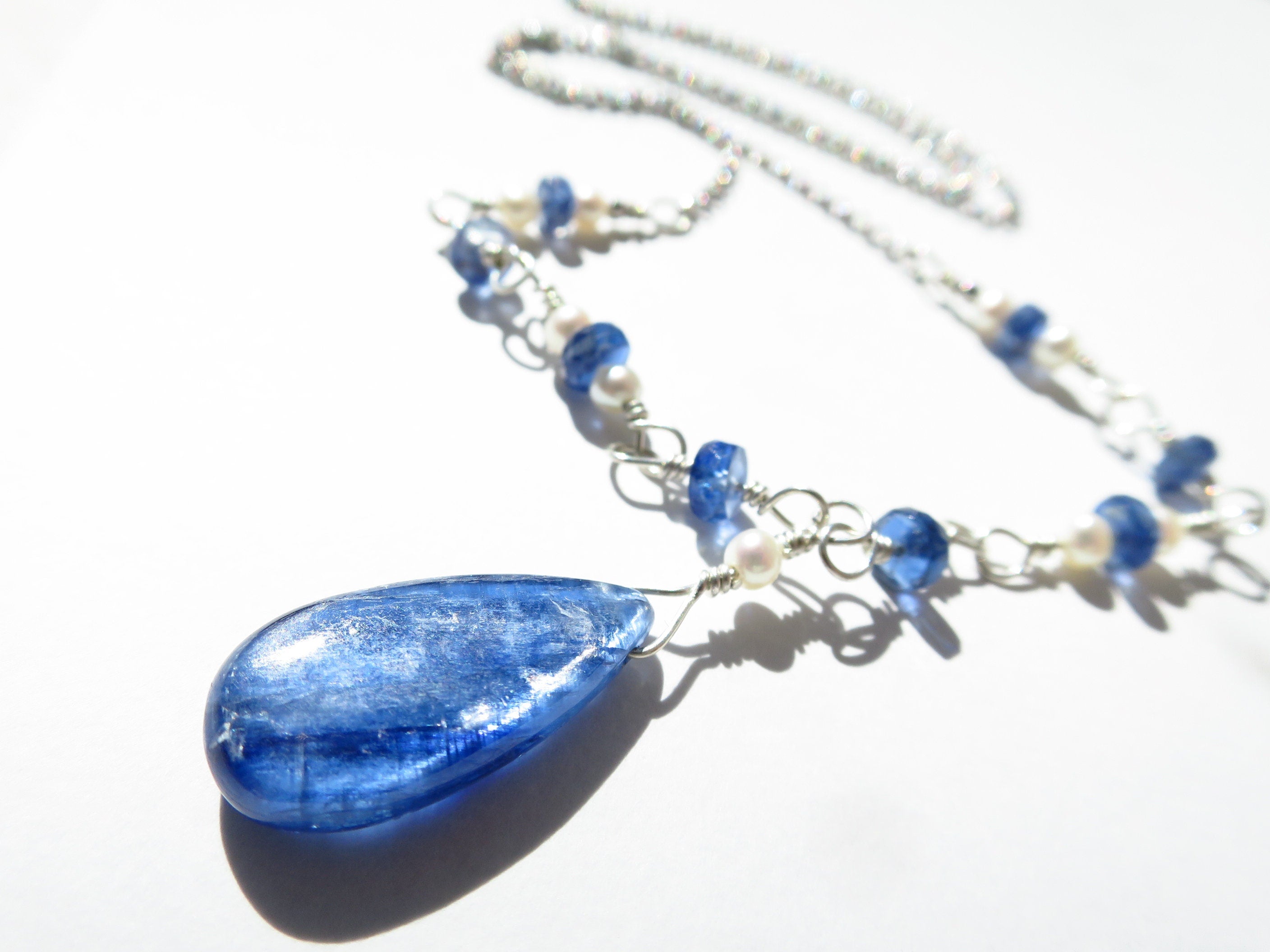 Kyanit Kette Silber Disthen Rosary Kette Silber Perlen Kette Silber Edelstein Kette Unikat Kyanit Tropfen Collier Perlen Halskette