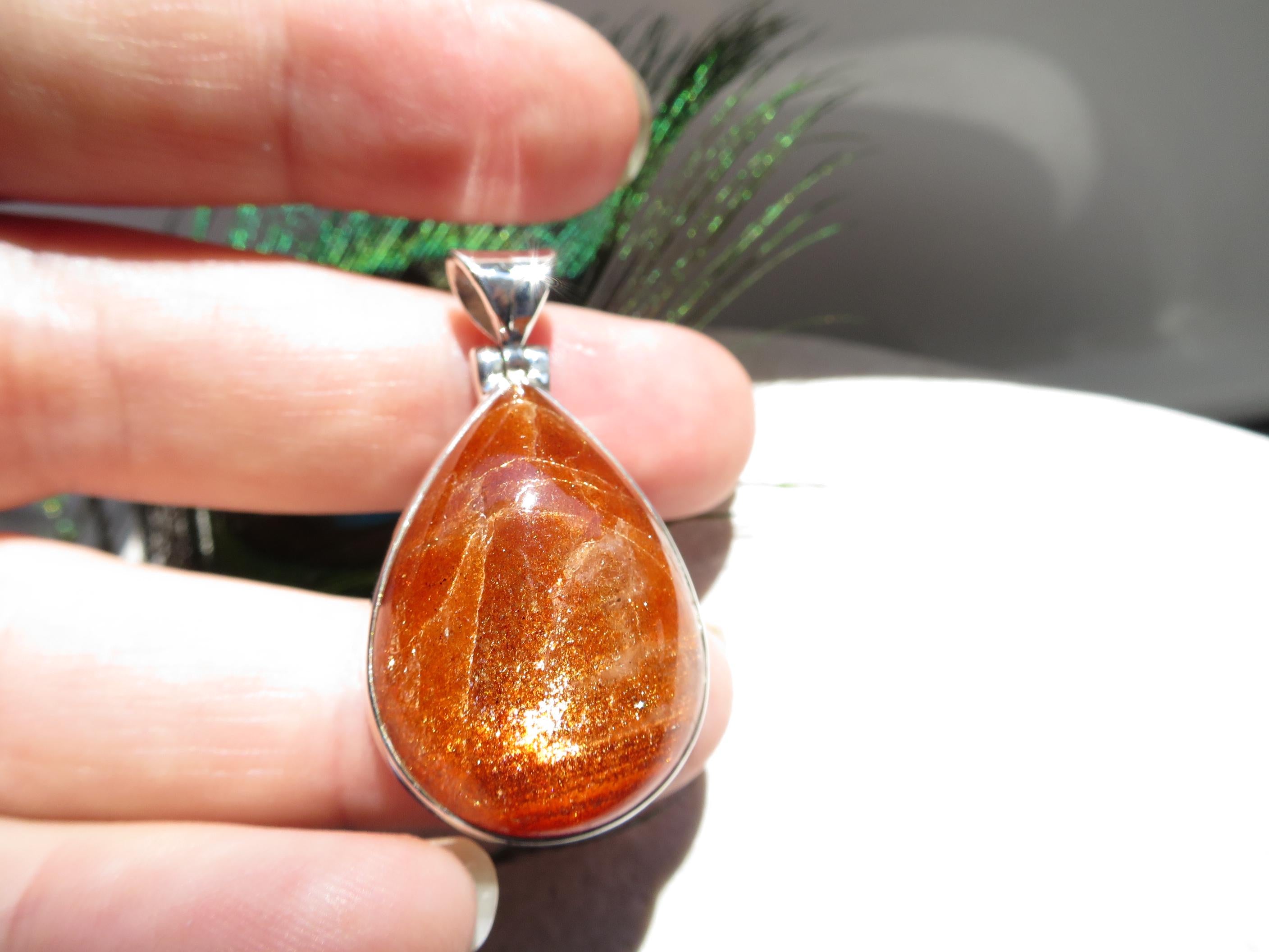 Großer Tropfen Sonnenstein Anhänger Sterling Silber