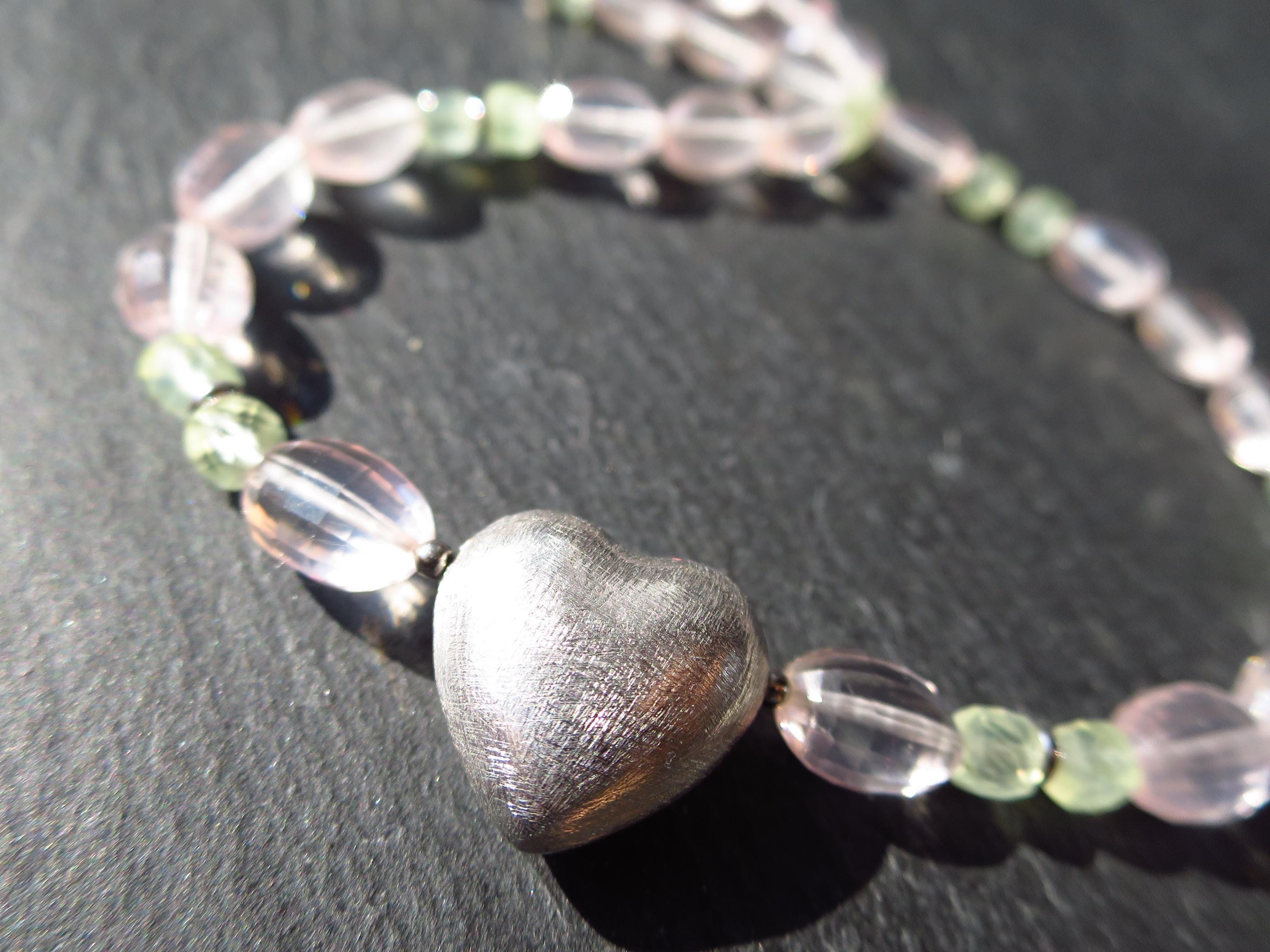 Rosenquarz Kette mit Silber Herz Anhänger und Prehnit