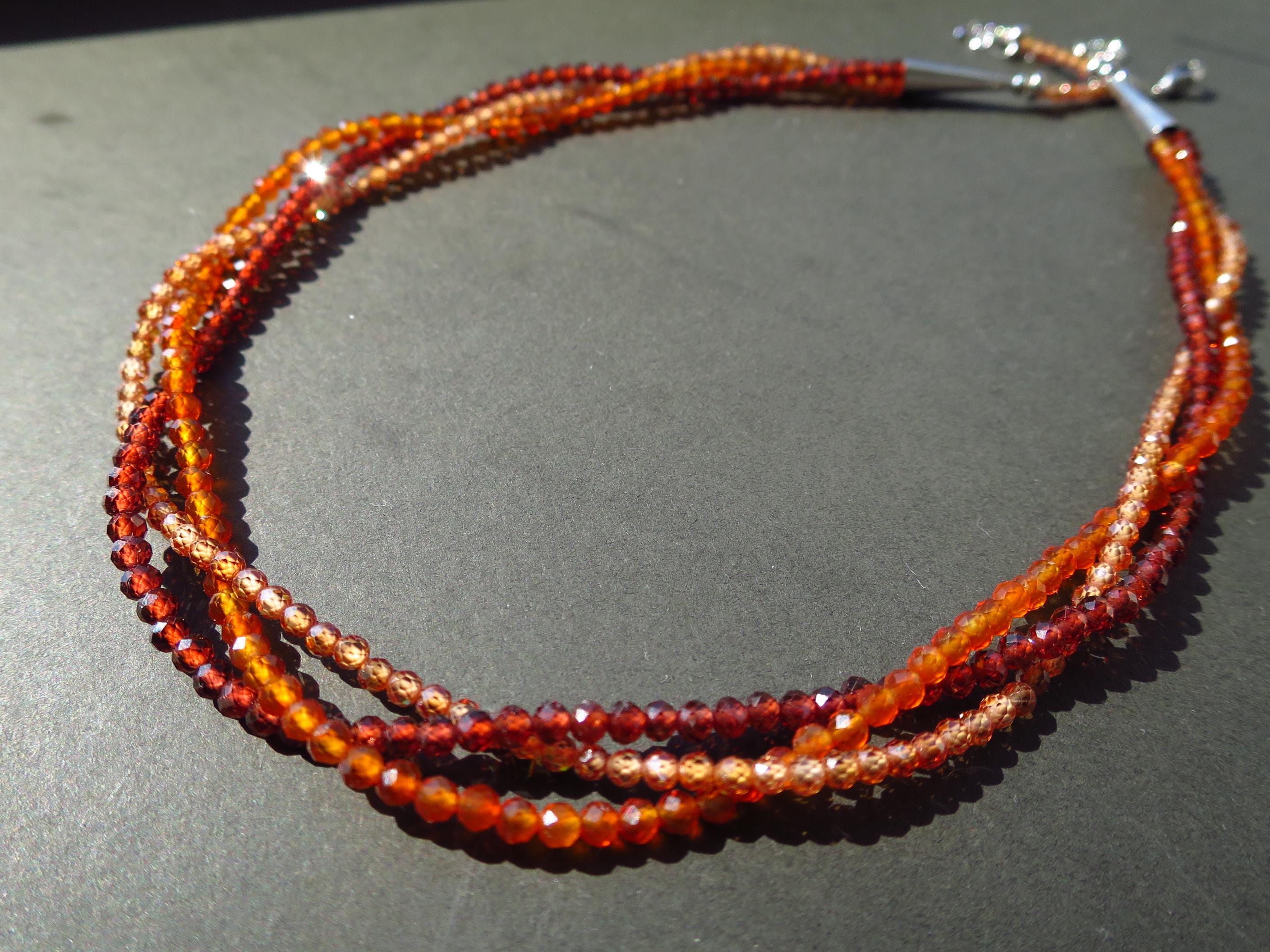 Bunte Edelstein Kette Granat Zirkon Karneol 3 reihig