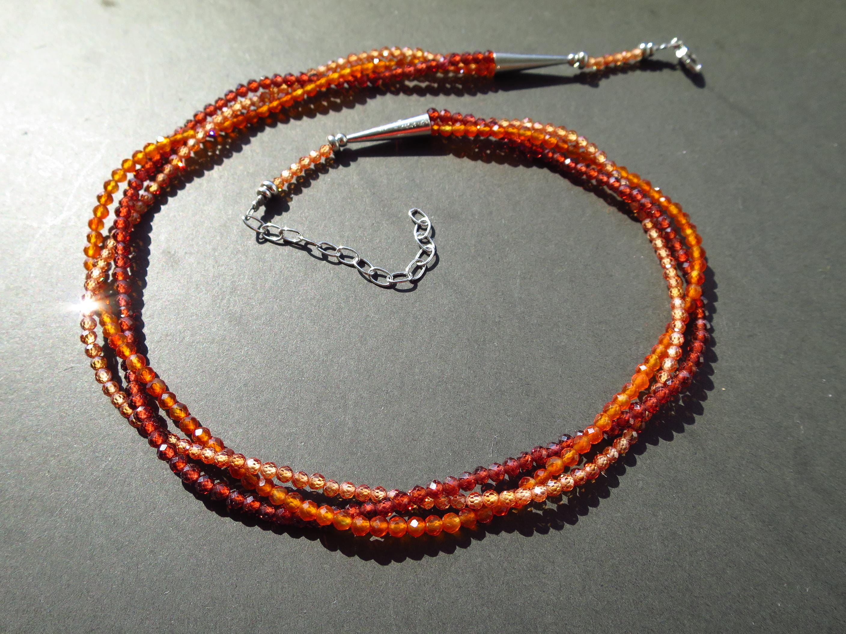 Bunte Edelstein Kette Granat Zirkon Karneol 3 reihig