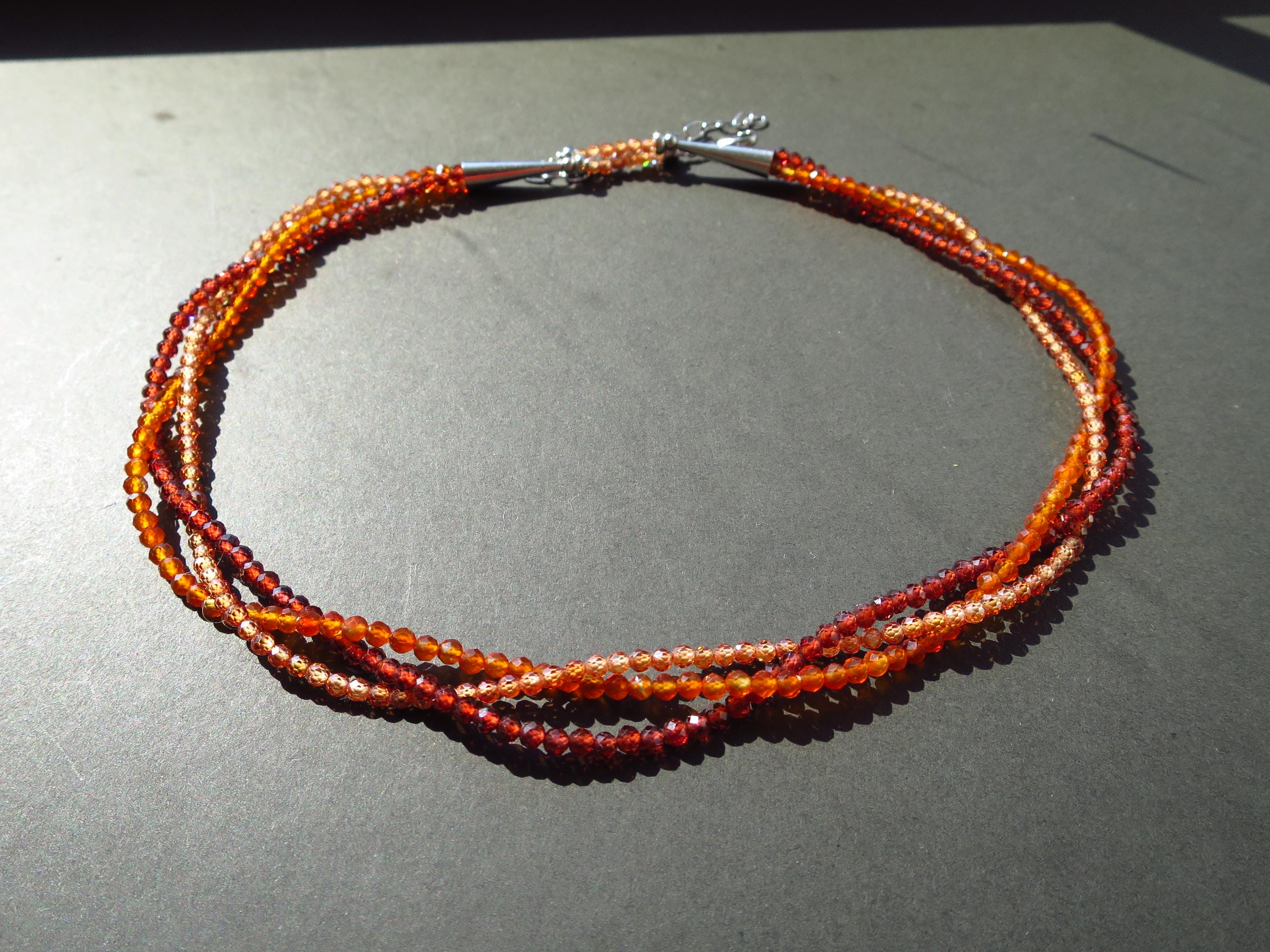 Bunte Edelstein Kette Granat Zirkon Karneol 3 reihig