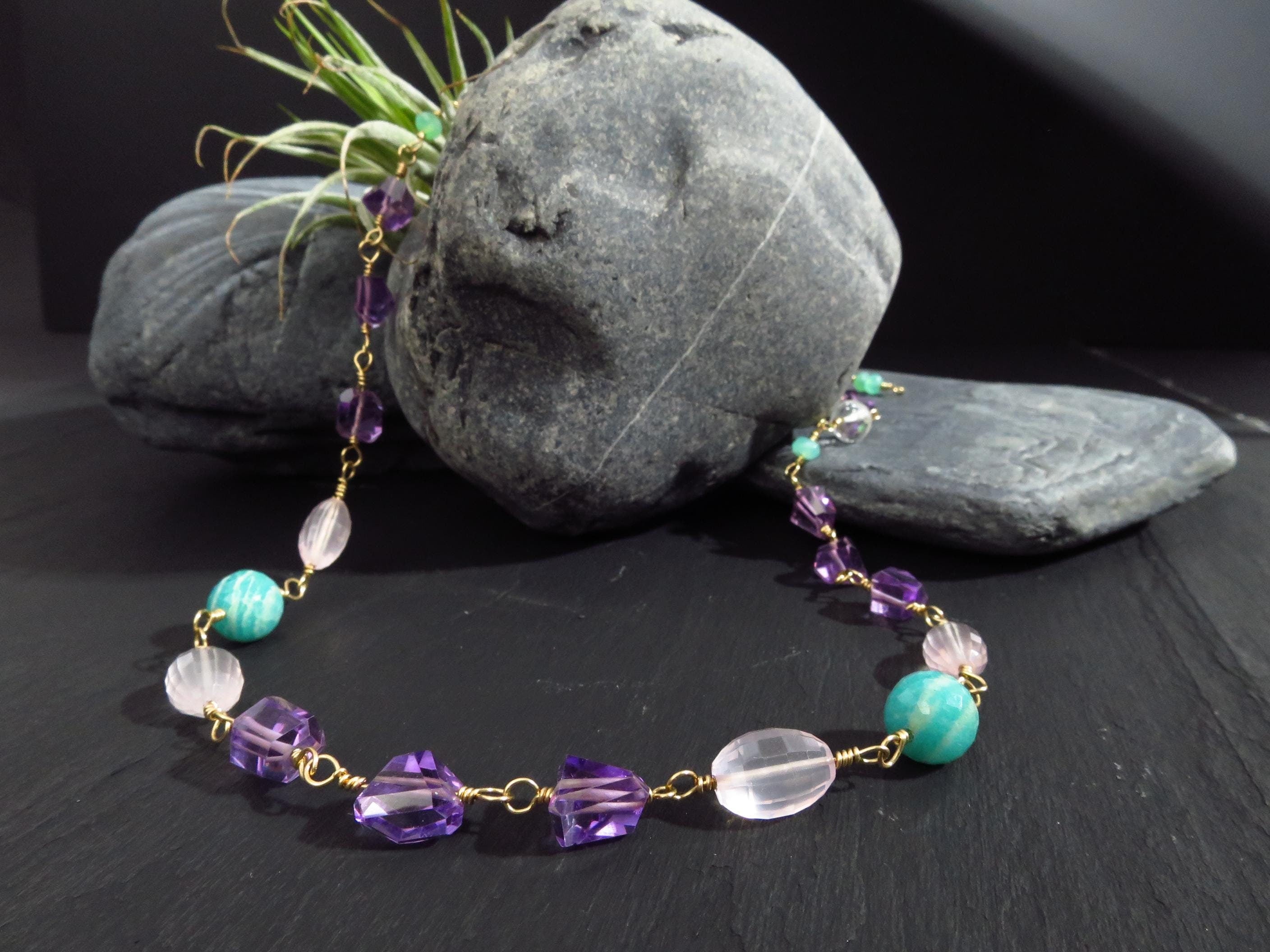 Amethyst Kette Rosary Gold filled Kette bunt Edelsteinen Rosenkranz AAA Qualität Amethyst Halskette Amazonit Kette gold filled Rosenquarz