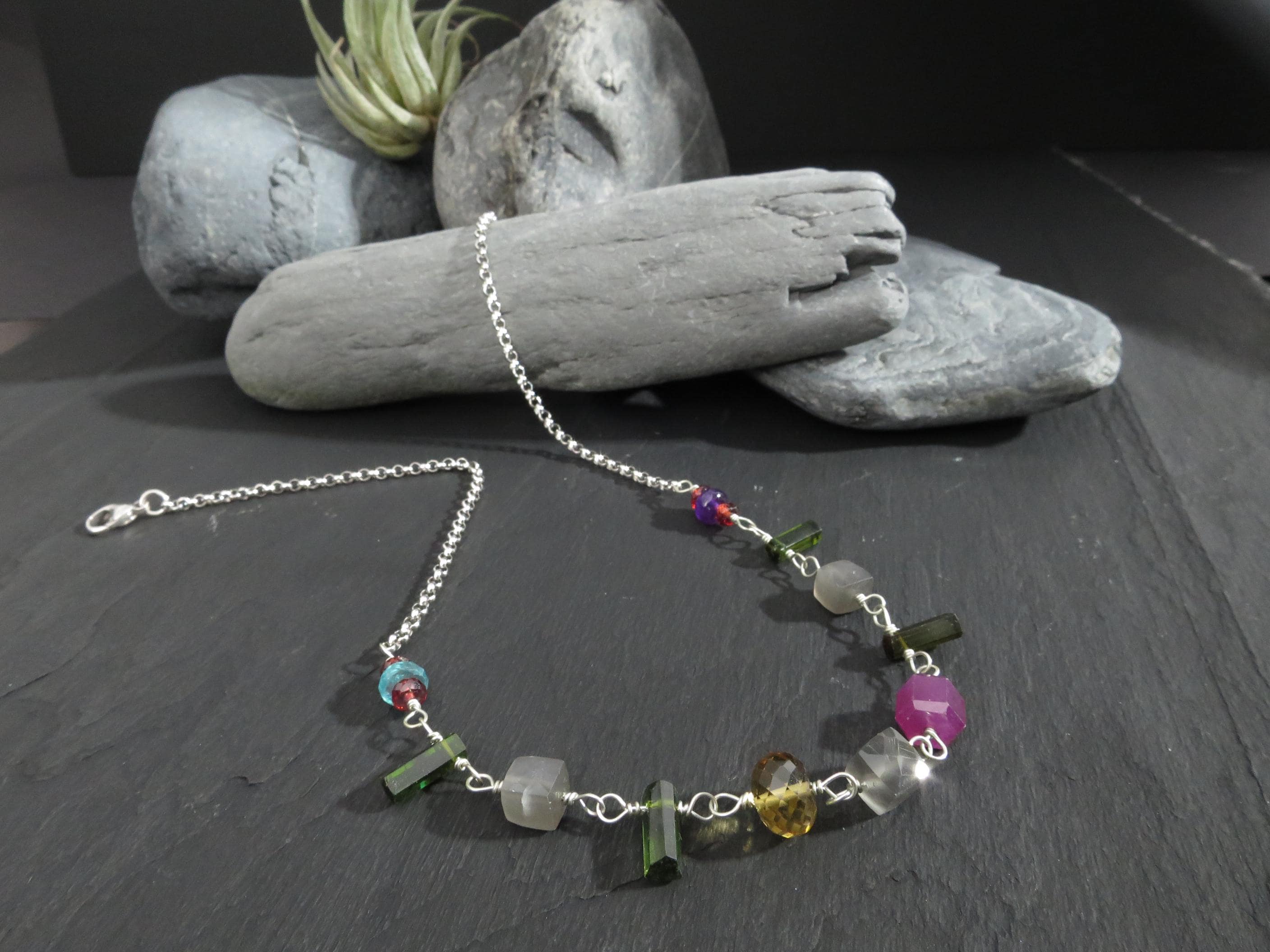 Rubin Kette Silber Mondstein Rosary Kette Silber Turmalin Spitzen Argentium Silber Halskette Rosenkranz Citrin Silber Unikat Kette