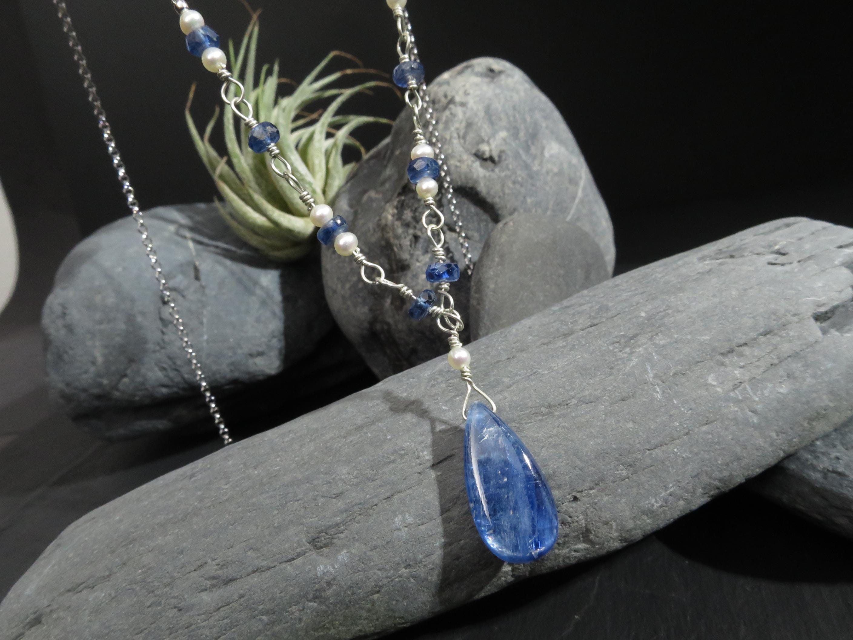 Kyanit Kette Silber Disthen Rosary Kette Silber Perlen Kette Silber Edelstein Kette Unikat Kyanit Tropfen Collier Perlen Halskette