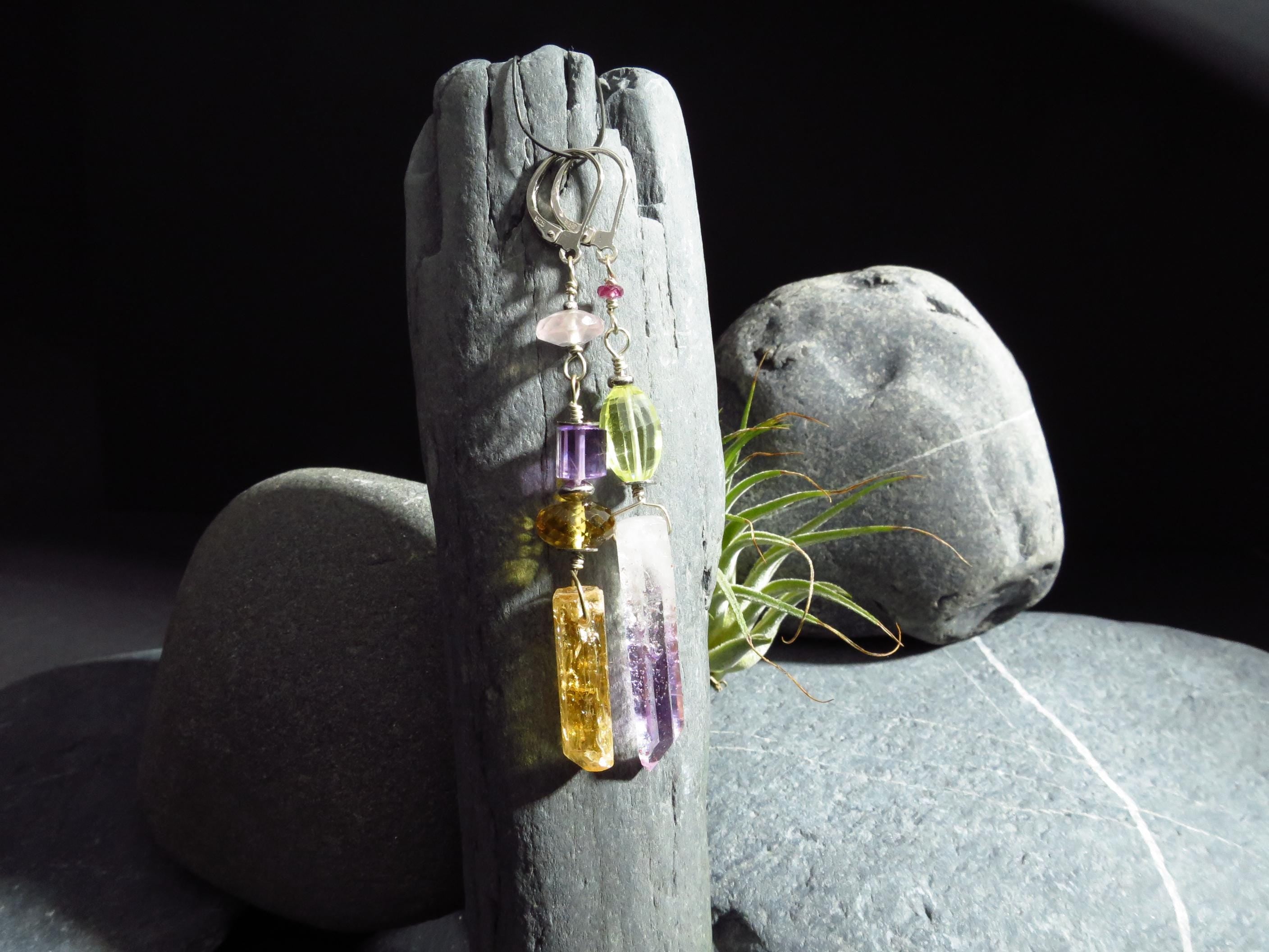 Topas Kristall Ohrringe Brandberg Kristall Ohrringe Imperial Topas Kristall Spitze Silber Ohrringe Amethyst Silber Ohrringe Unikat lang