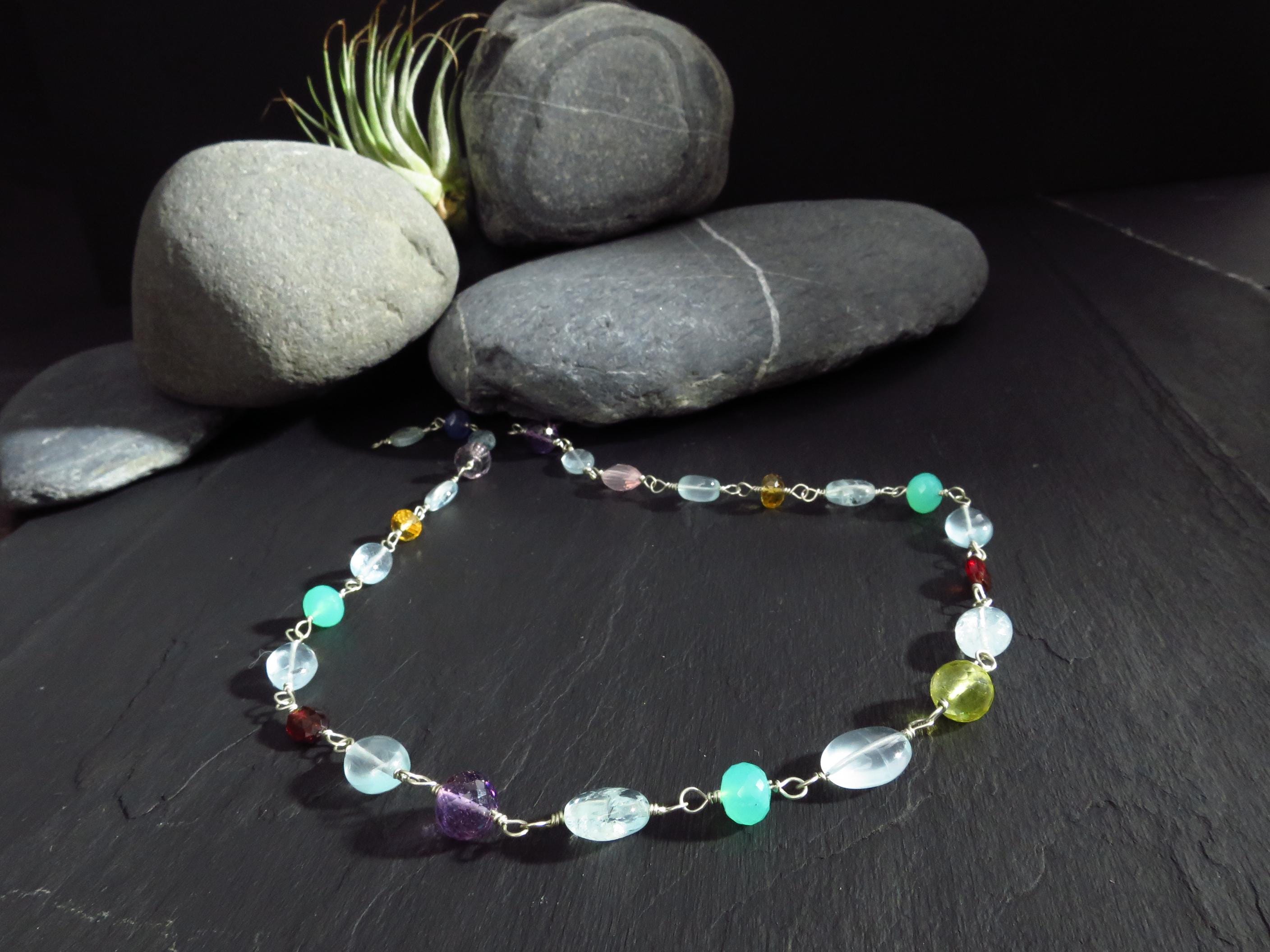 Rosary bunt Edelstein Silber Kette Rosenkranz Argentium Silber Edelstein Tansanit Collier 925 Silber Unikat Aquamarin Rosenkranz Halskette