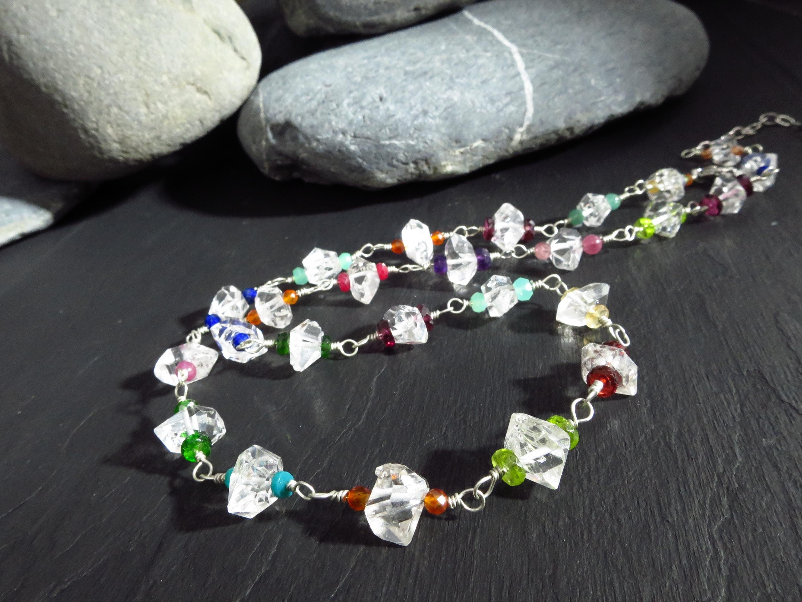 Herkimer Kristall Halskette Herkimer Diamant Collier Silber Edelstein bunt Rosenkranz Collier Edelstein Turmalin Rosary Rubin Kette