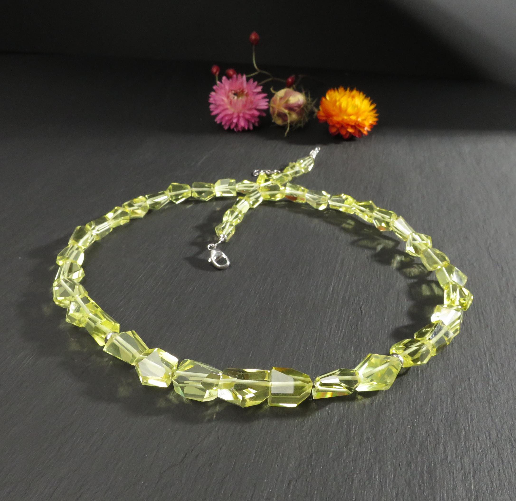 Lemon Quarz Kette Silber Citrin Collier Silber Lemonquarz Halskette gelb Edelstein Kette rhodinert Citrin micro cut Collier Edelstein Perlen