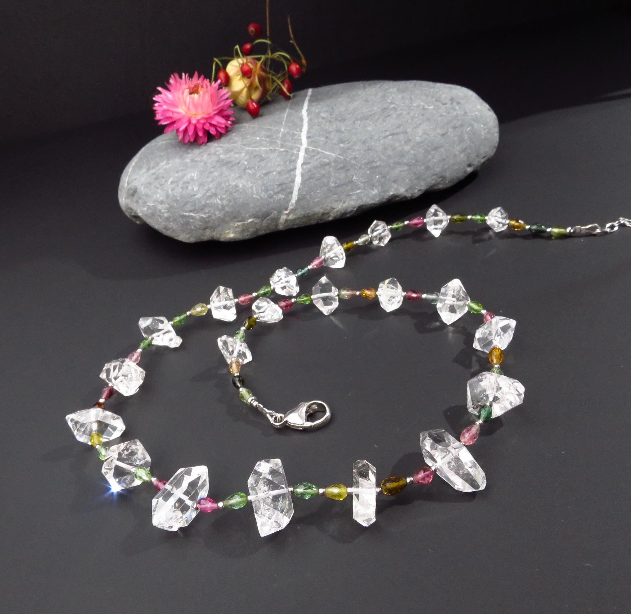 Herkimer Kette Silber Herkimer Diamant Collier Silber natürlicher Edelstein Halskette Turmalin Collier Doppelender Bergkristall Kette lang