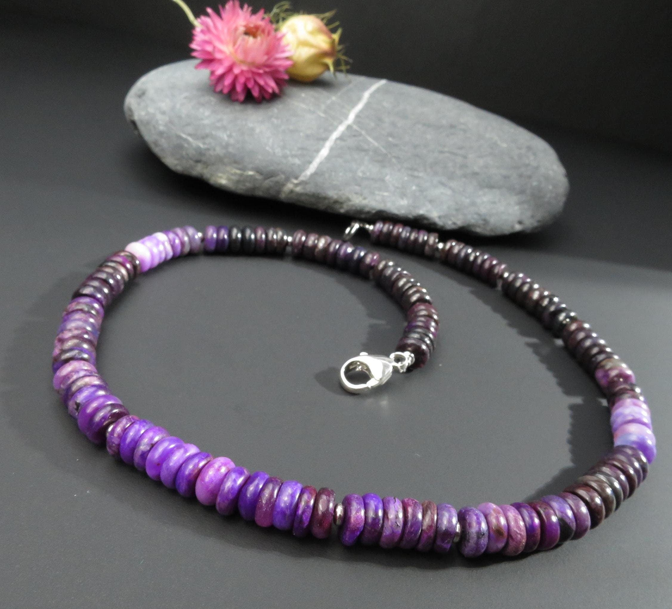 Sugilith Kette Silber echte Sugilit Halskette Rondelle Lila Edelstein Collier Sugilith unbehandelte Sugilith Perlen Kette Afrika Sugilit