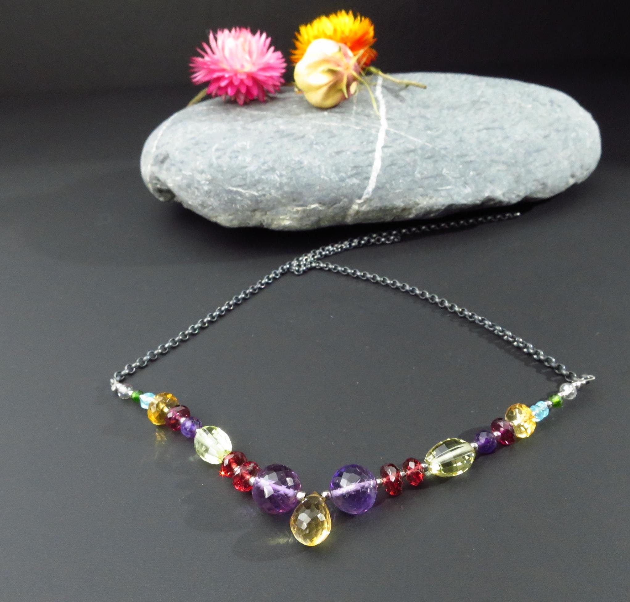 Citrin Kette Silber Bunte Kette Edelstein Amethyst Silber Collier Kette schwarz Silberkette bunten Edelsteinen Natur Tropen Citrin Halskette