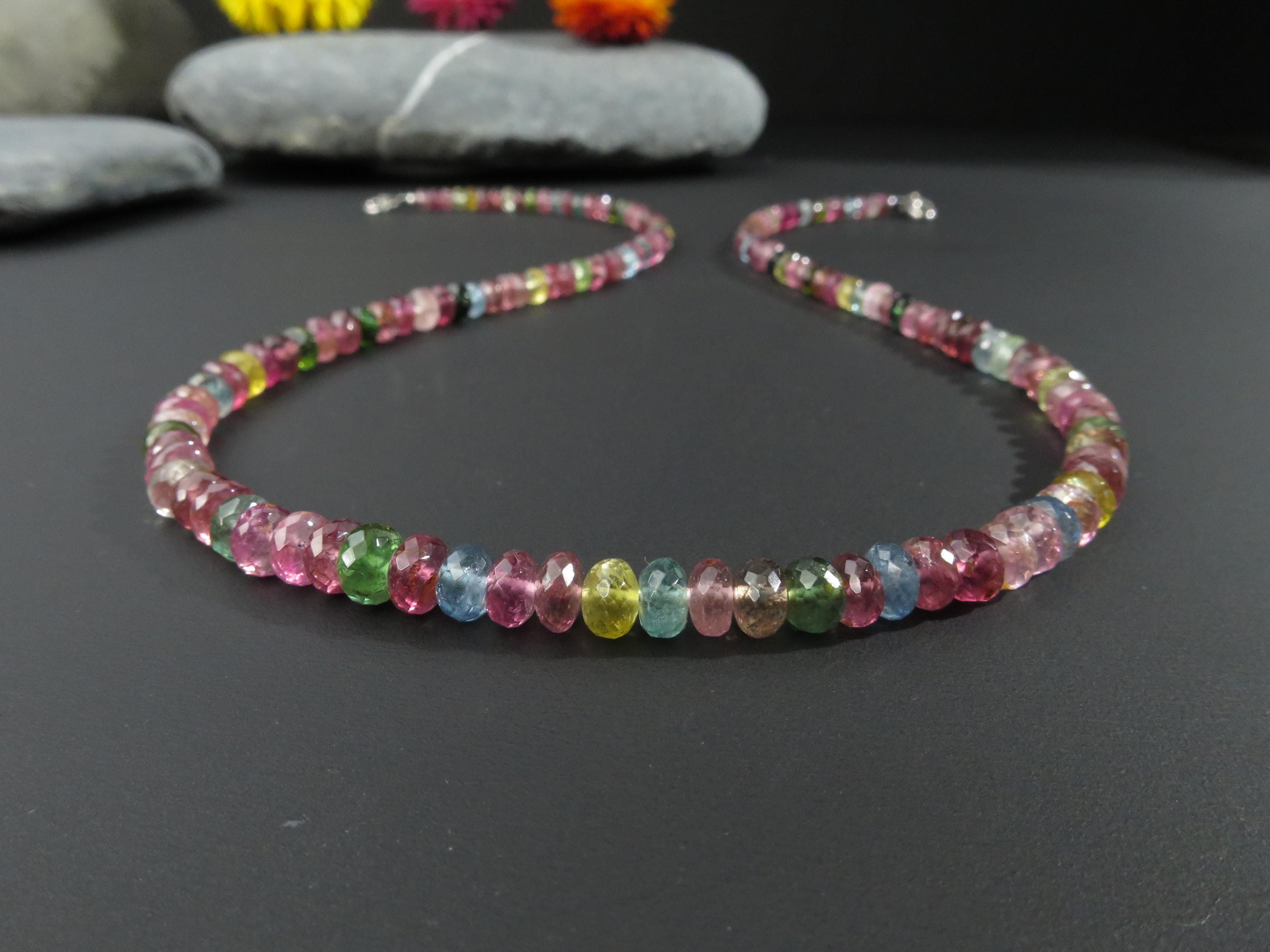 Multicolor Turmalin Kette blau rosa gelb Turmalin Edelstein Collier Turmalin Perlen Kette Natur Collier Edelstein Unikat Kette