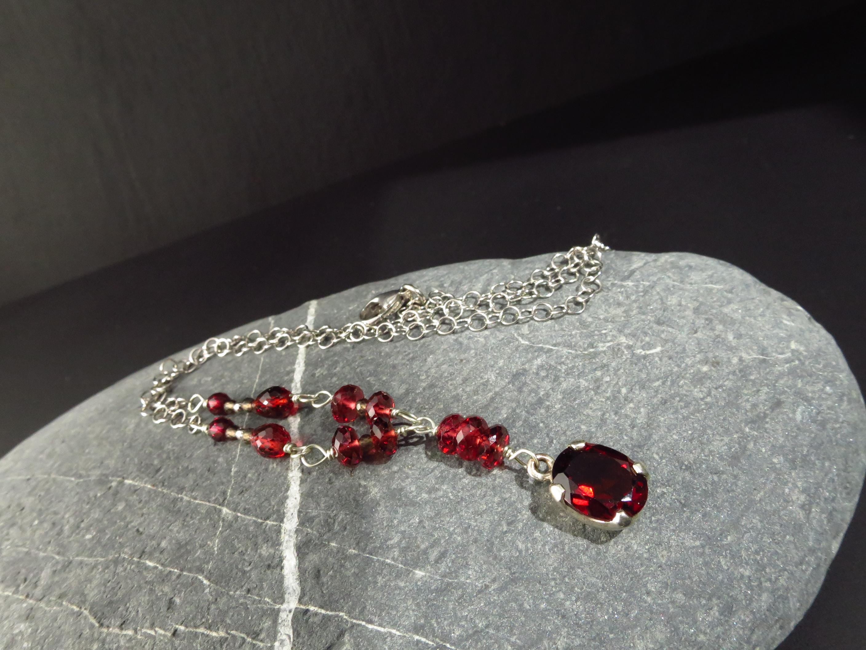 Mosambik Granat Anhänger Sterling Silber rote Edelstein Kette Natur Argentium Silber Rosenkranz Kette roter granat facettiert Lange Kette