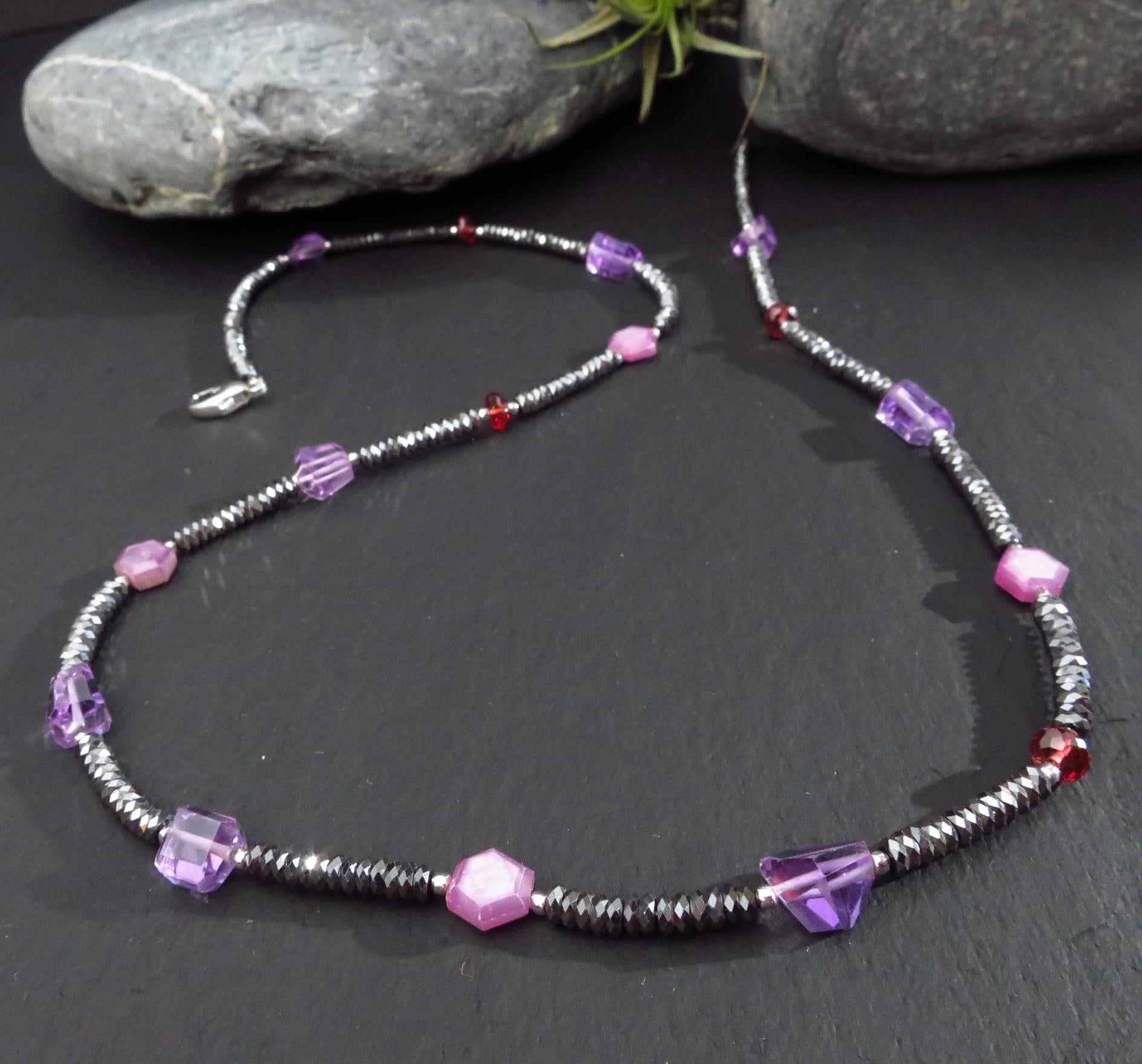 Hämatit Collier Silber Natur Hämtit Edelstein Kette Amethyst Halskette Rubin Sterlingsilber Verschluss rhondiniert