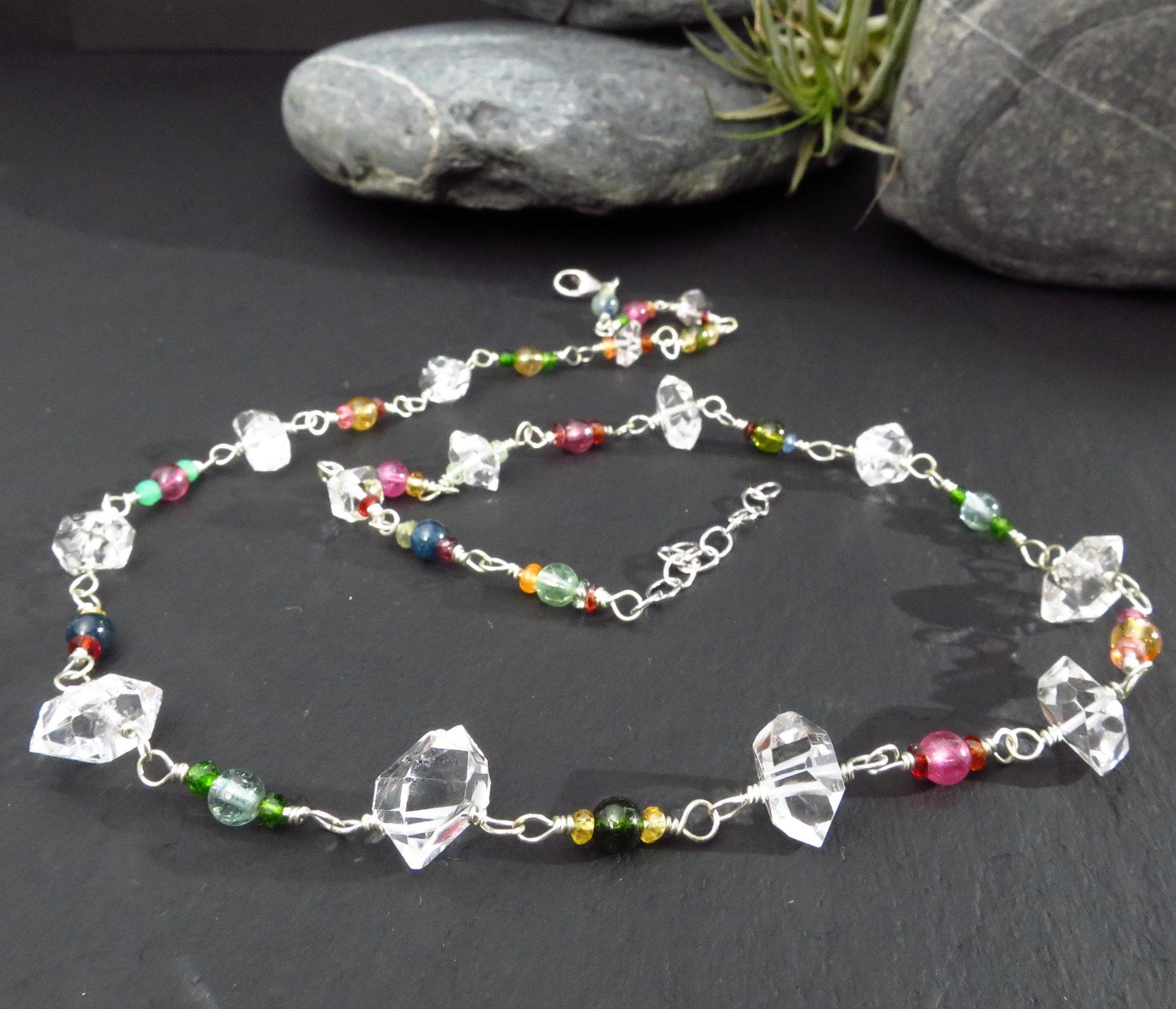 Turmalin Herkimer Collier Diamanten Kette Rosenkranz Herkimer Silber Edelstein Bunte Kette bunte Edelstein Kette Natur handgemacht Saphir