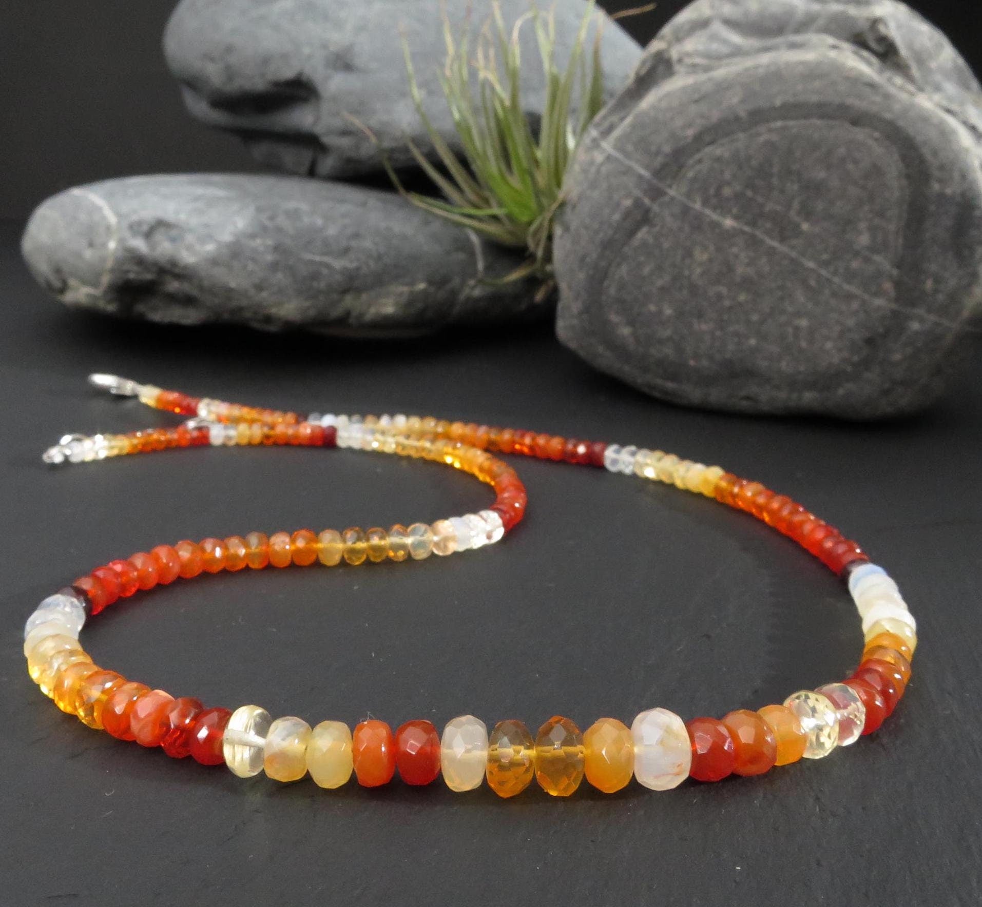 Feueropal Kette Silber Feueropal Mexikanisch Collier Natur Feueropal Halskette facettiert Edelsteinkette Opal Farbverlauf Orange Opal Kette