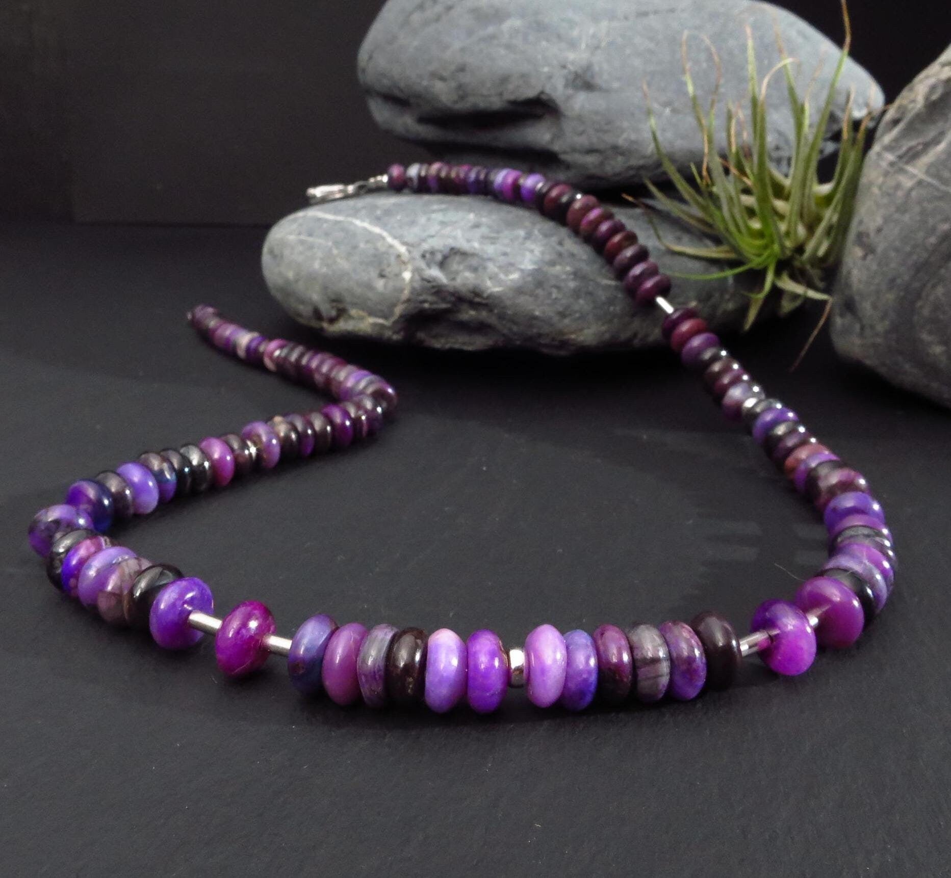 Sugilith Kette Silber echte Sugilit Halskette Rondelle Lila Edelstein Collier Sugilith unbehandelte Sugilith Perlen Kette Afrika Sugilit