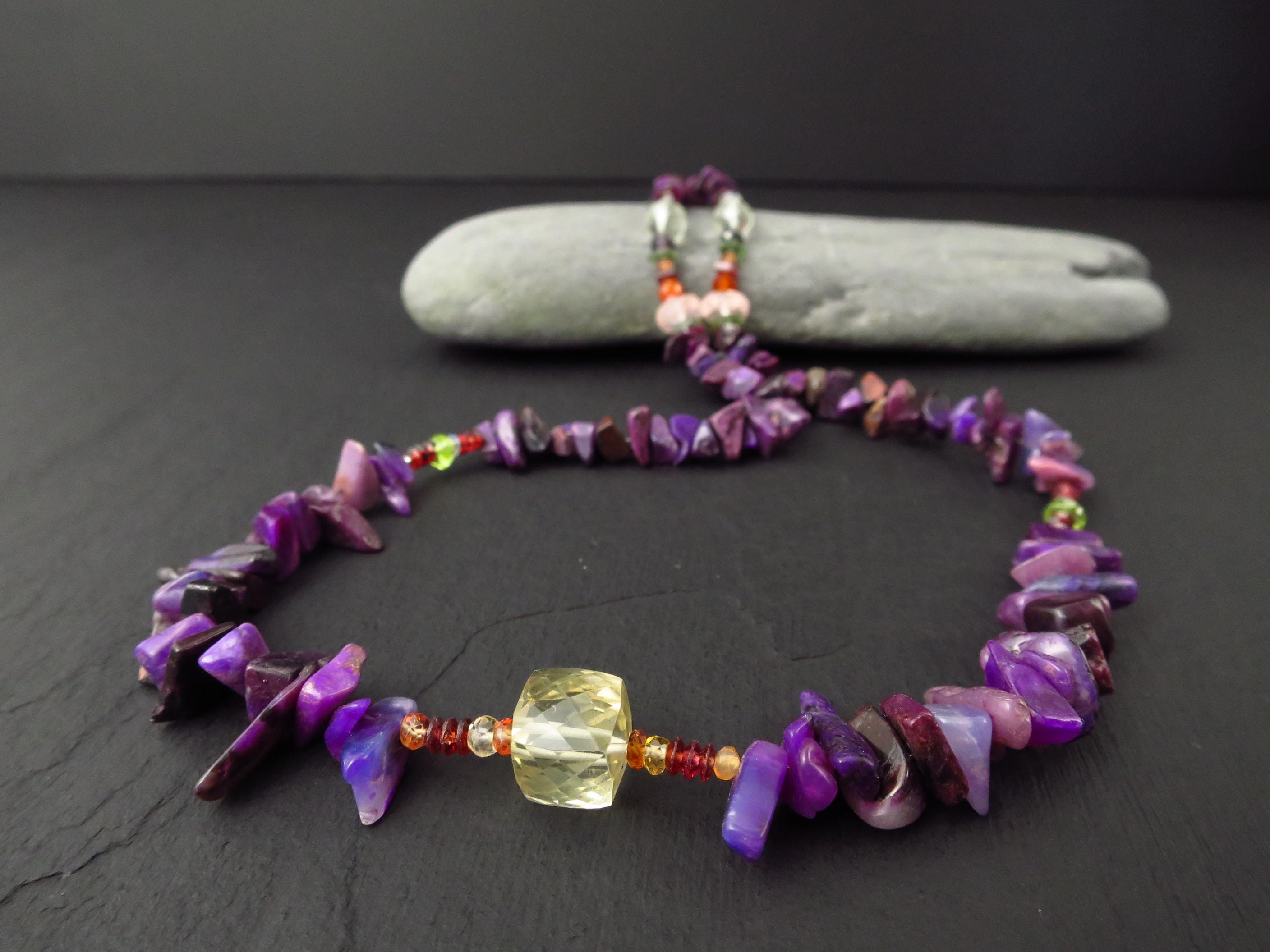 Sugilith Kette Silber Sugilith Splitter Kette Silber unbehandelte Sugilit Collier Edelstein Natur Lila Sugilith Halskette Silber Citrin