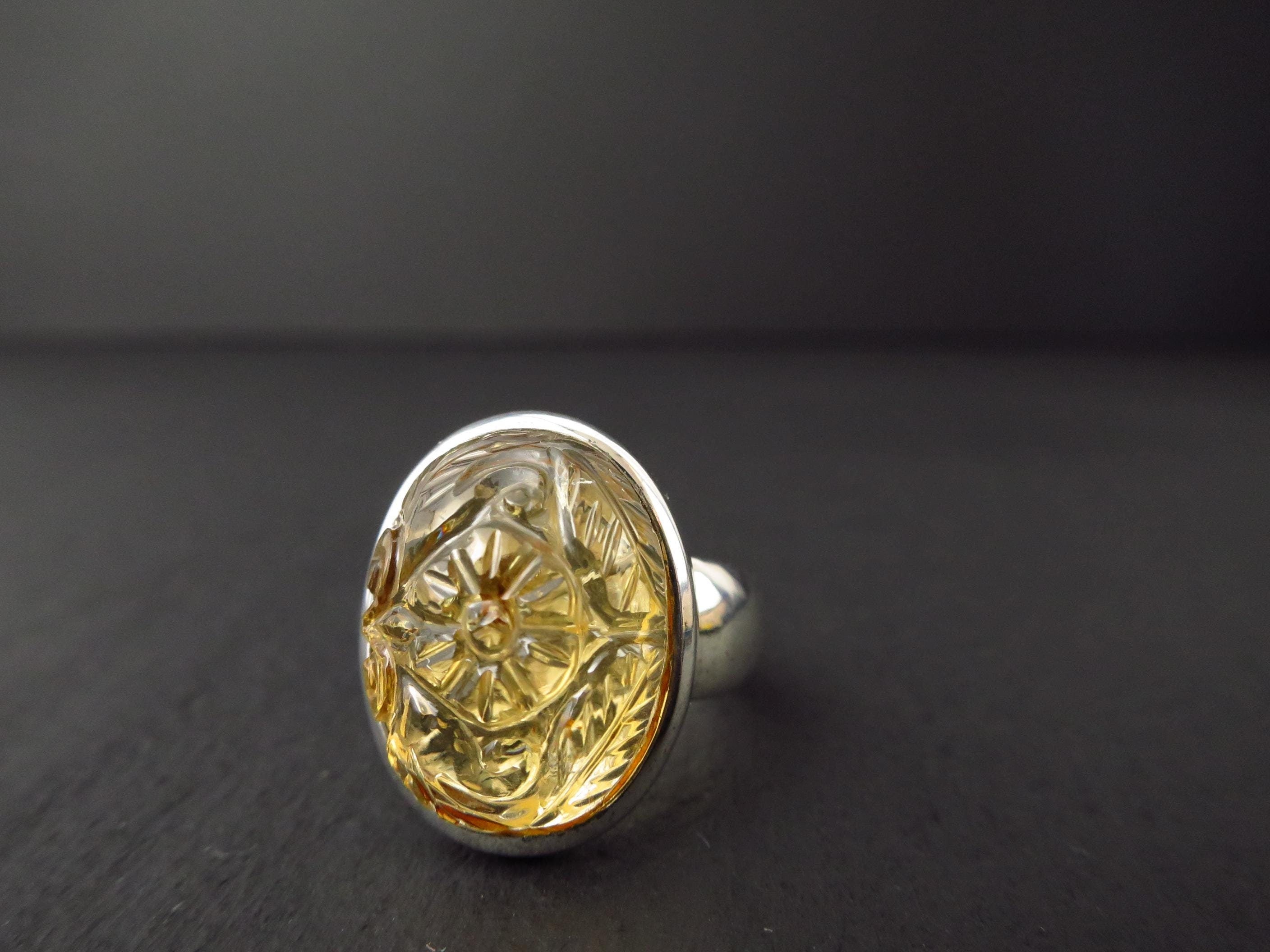 Citrin Ring Silber Citrin Graviert Silber Ring Größe 8 Silber Citrin gelber Edelstein gravierte Blume Citrin geschnitzt Zitrin Ring Unikat
