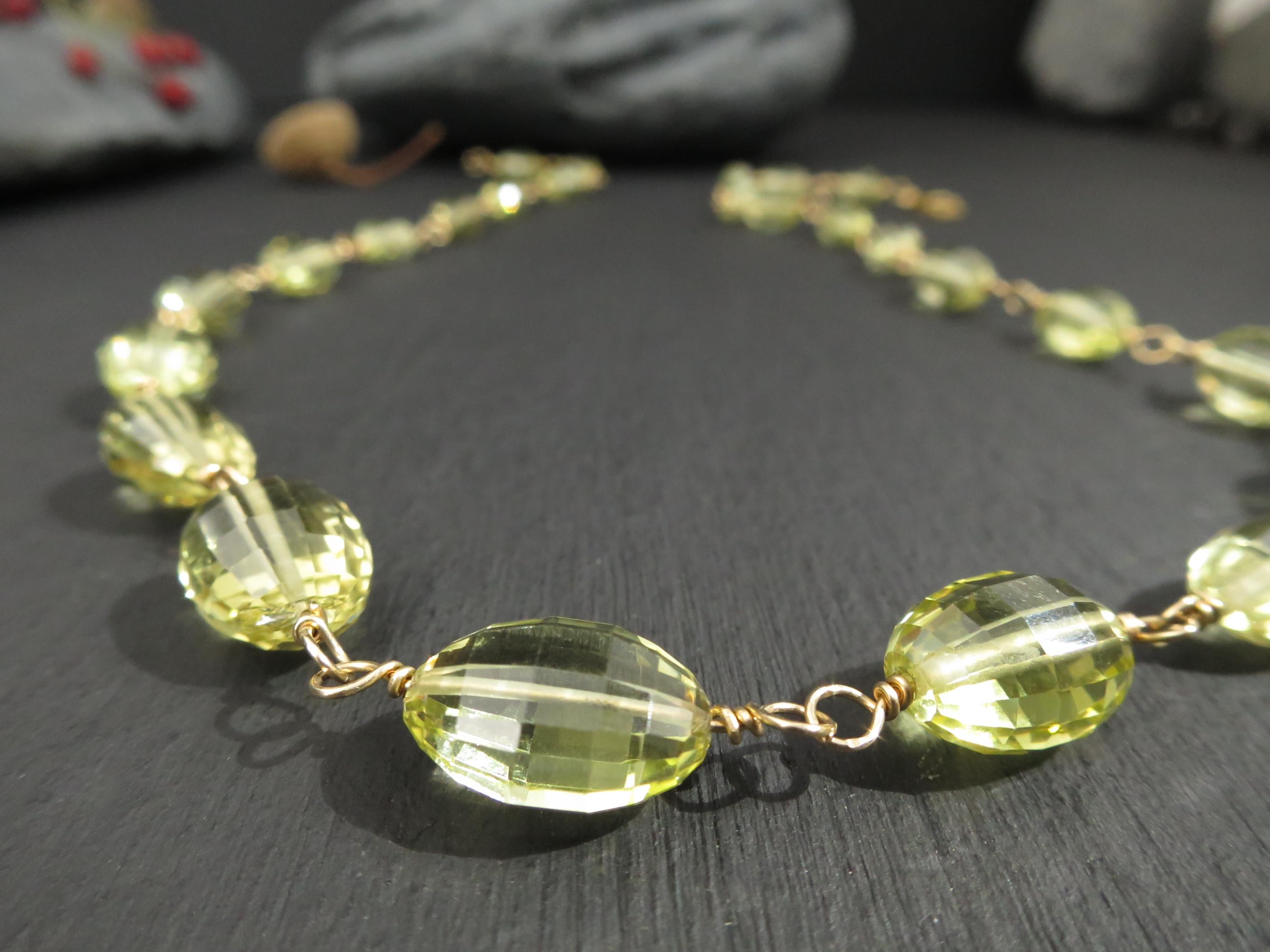 Citrin Rosenkranz Kette Lemon Quarz facettiert Collier mit hochwertigem goldfilled Draht und Verschluss große Perlen Unikat handgefertigt