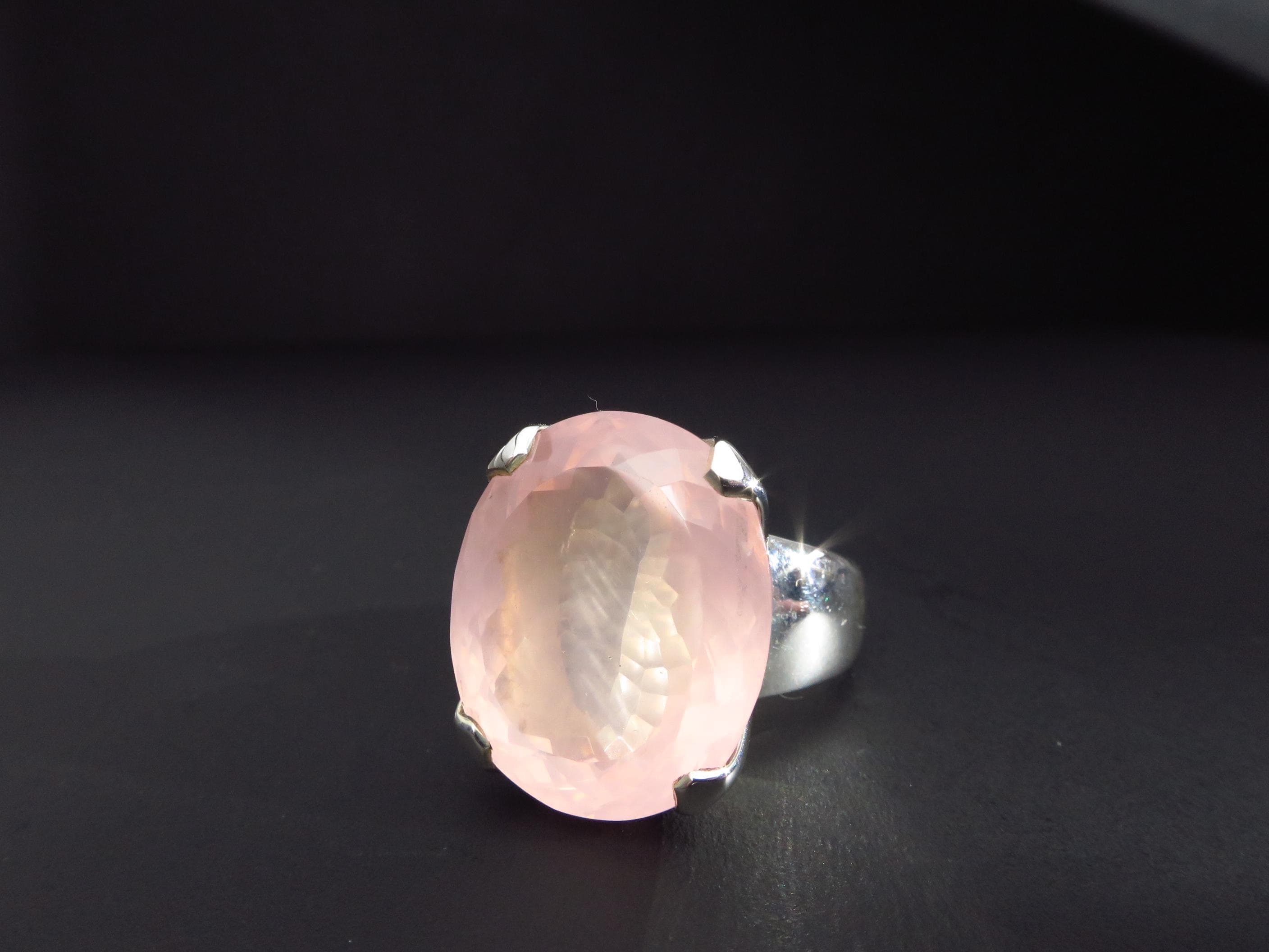 Rosenquarz Silber Statement Ring facettiert Ringgröße 9