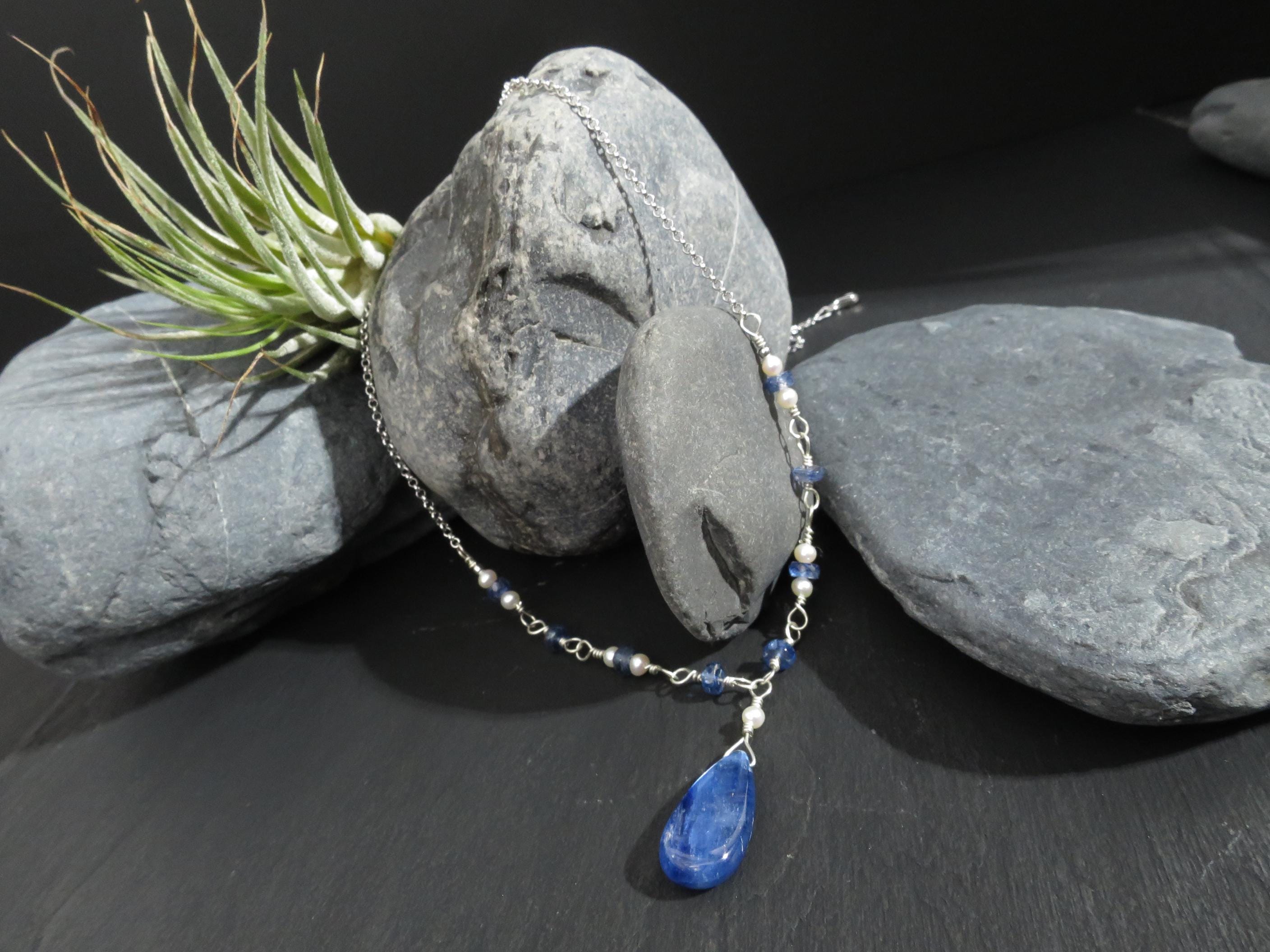 Kyanit Kette Silber Disthen Rosary Kette Silber Perlen Kette Silber Edelstein Kette Unikat Kyanit Tropfen Collier Perlen Halskette