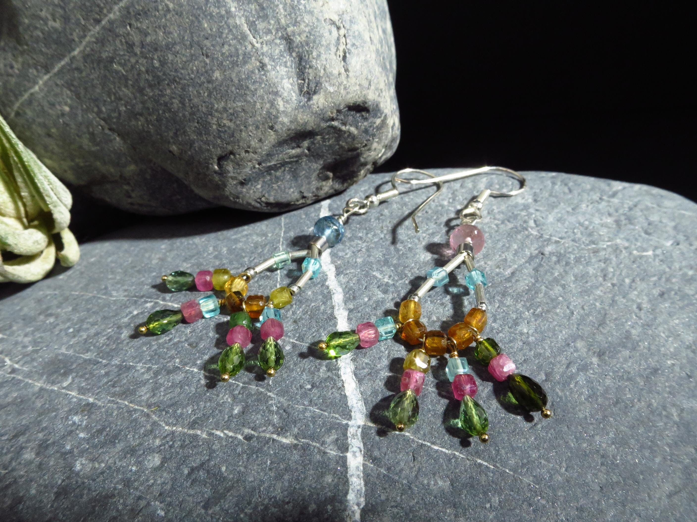 Turmalin Ohrringe Silber Bunte lange Turmalin Ohrringe Turmalin Ohrhänger 925 Silber Aquamarin facettiert natur Edelstein Tropfen Ohrringe