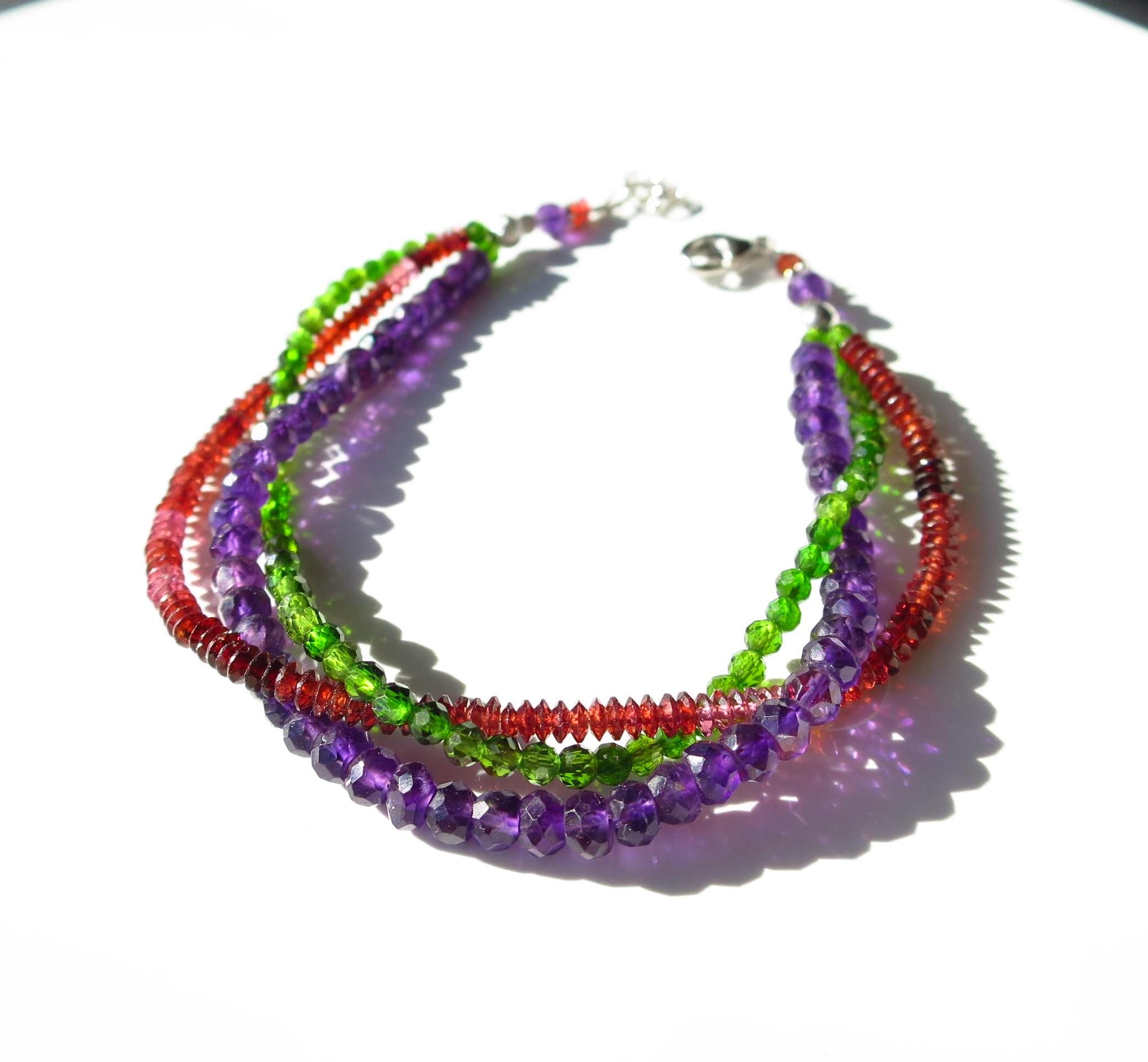 Drei reihiges Edelstein Armband Chromdiopsid Amethyst und Granat