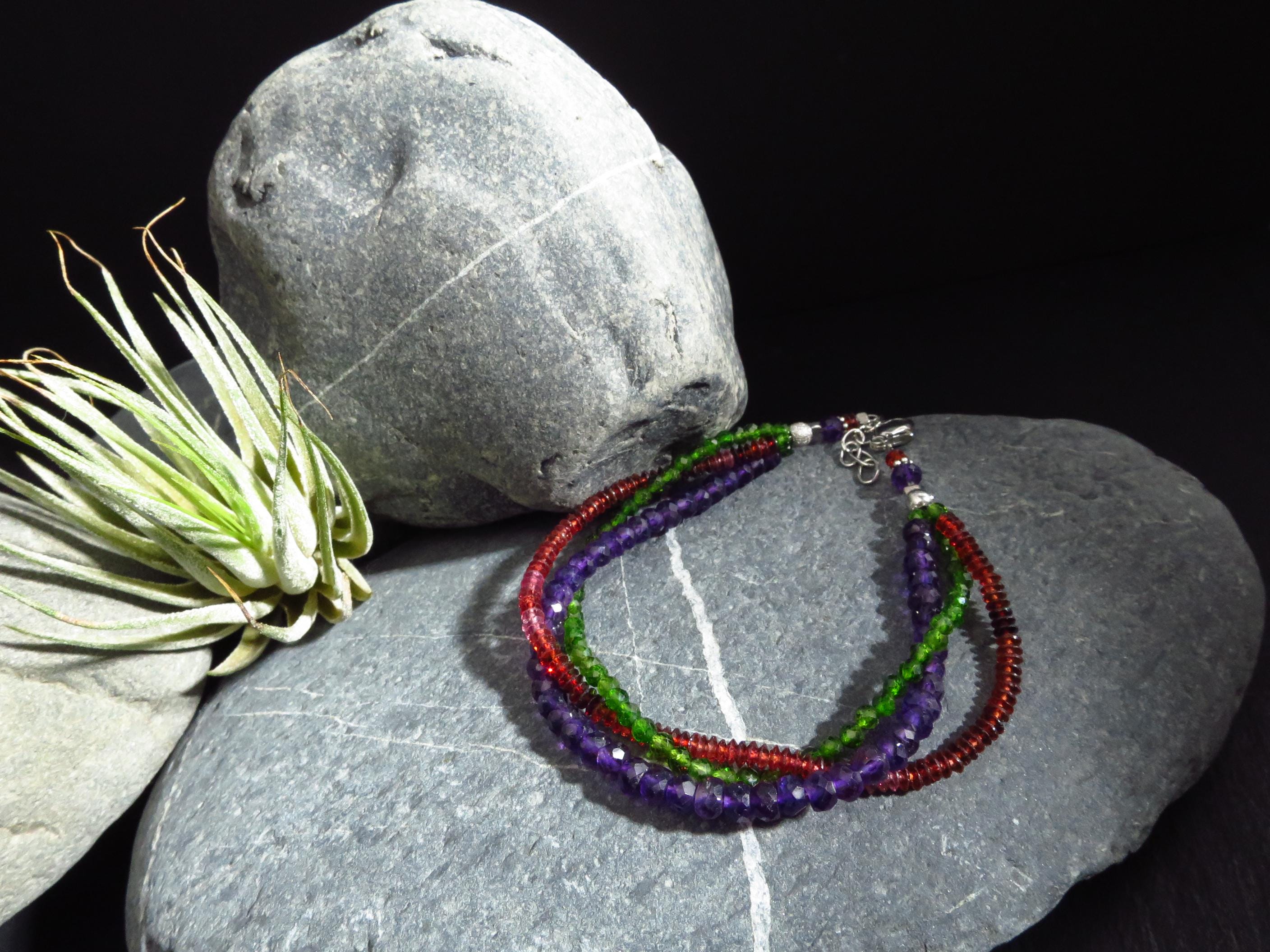 Drei reihiges Edelstein Armband Chromdiopsid Amethyst und Granat